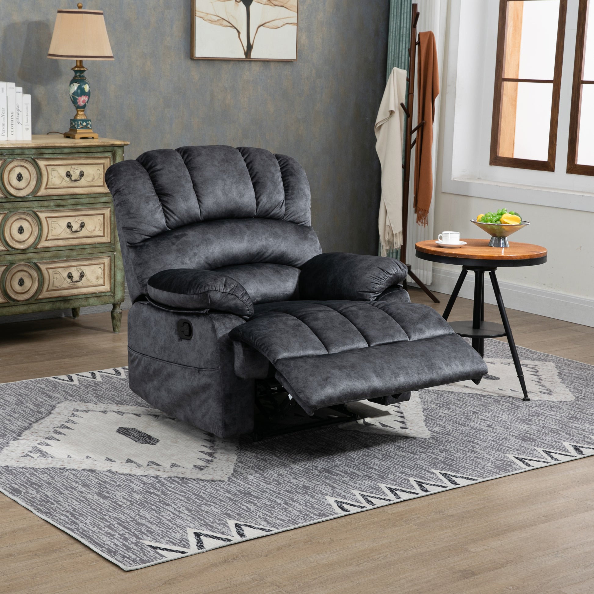 Large Manual Recliner Chair In Fabric For Living Room, Gray Dark Gray Velvet Manual Handle Metal Primary Living Space Medium Firm Cushion Back Heavy Duty American Design Pine Pillow Top Arms Fiber Foam And Polyester Fiber Pad Fabric