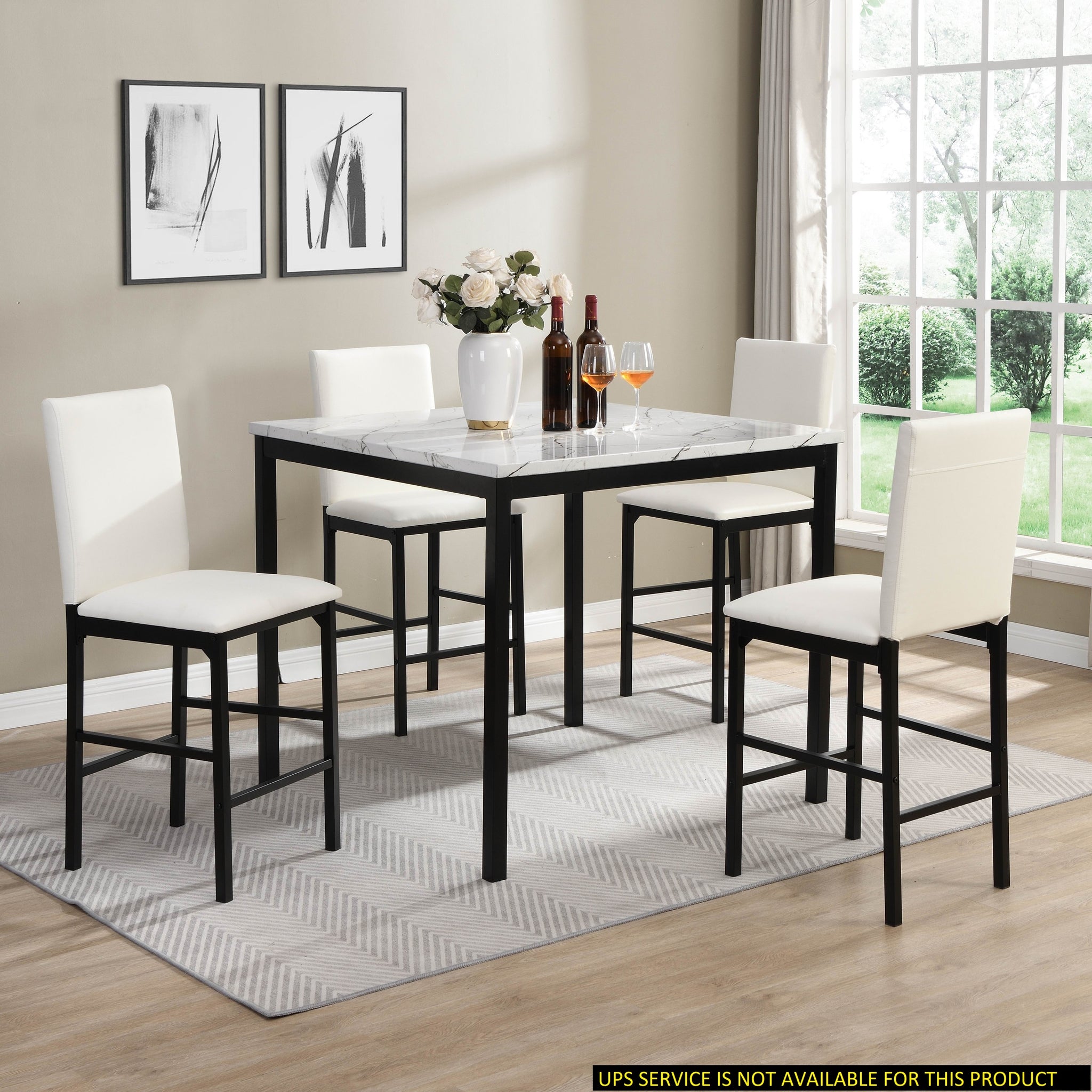 5pc White Counter Height Dining Set White Faux Marble white-seats 4-metal-dining room-square-dining
