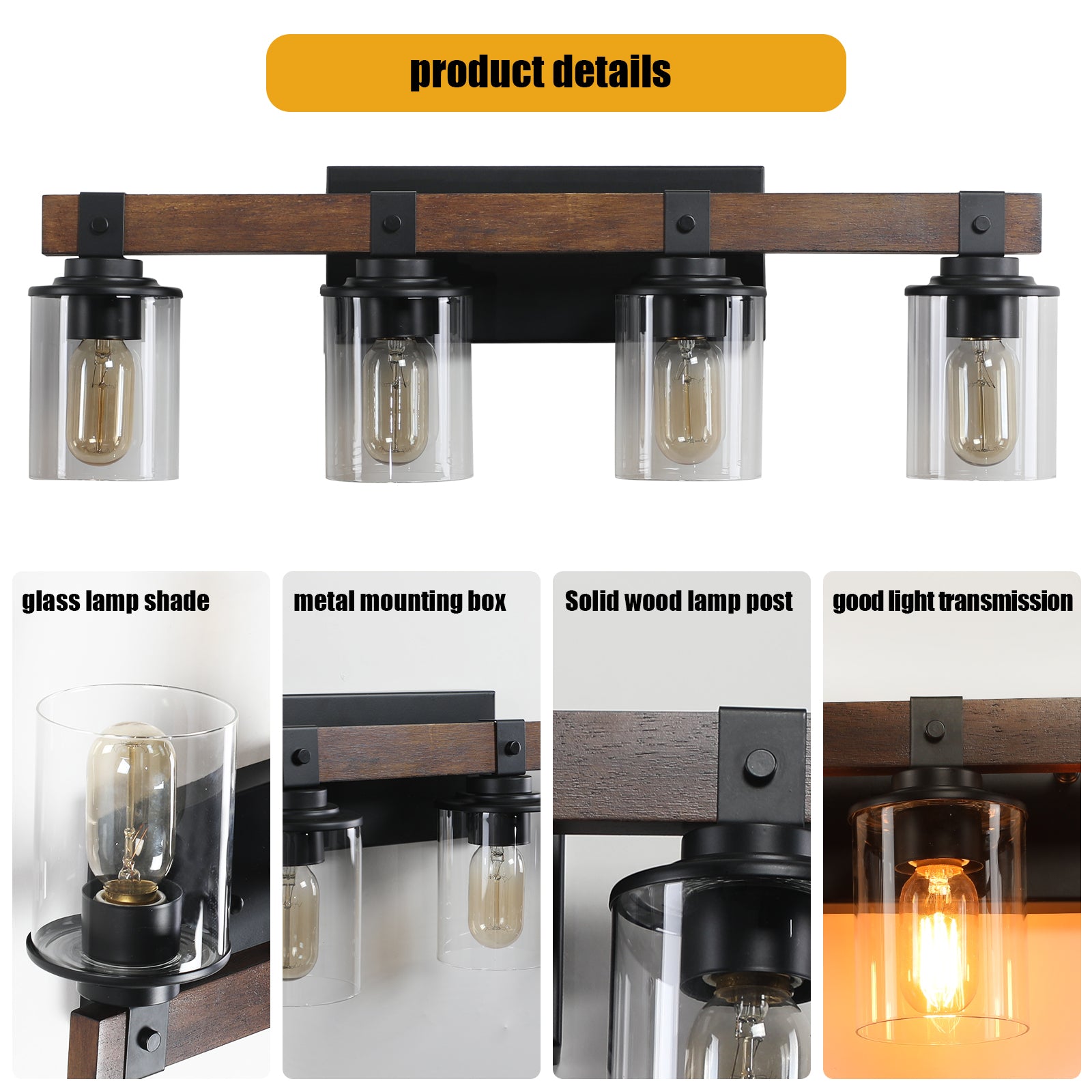 Same As W1340119957 L1016 4 Lights Farmhouse Vanity Lights Fixture Rustic Bathroom Light Fixture Bathroom Sconce No Bulbs Walnut Black Modern Glass Iron