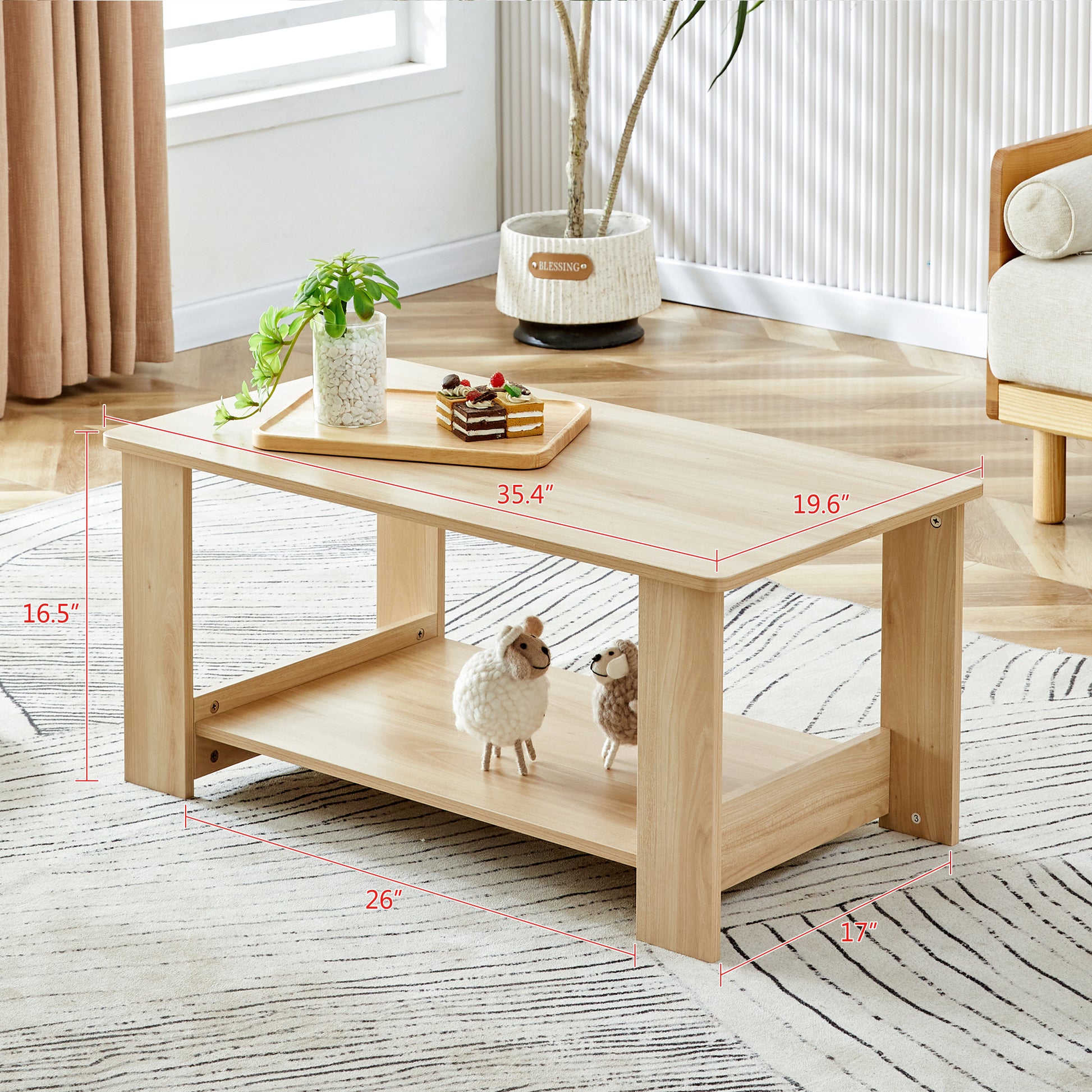 Modern Minimalist Log Colored Double Layered Rectangular Coffee Table, Tea Table.Mdf Material Is More Durable,Suitable For Living Room, Bedroom, And Study Room.35.4"*19.6"*16.5" Ct 16 Natural Wood Mdf