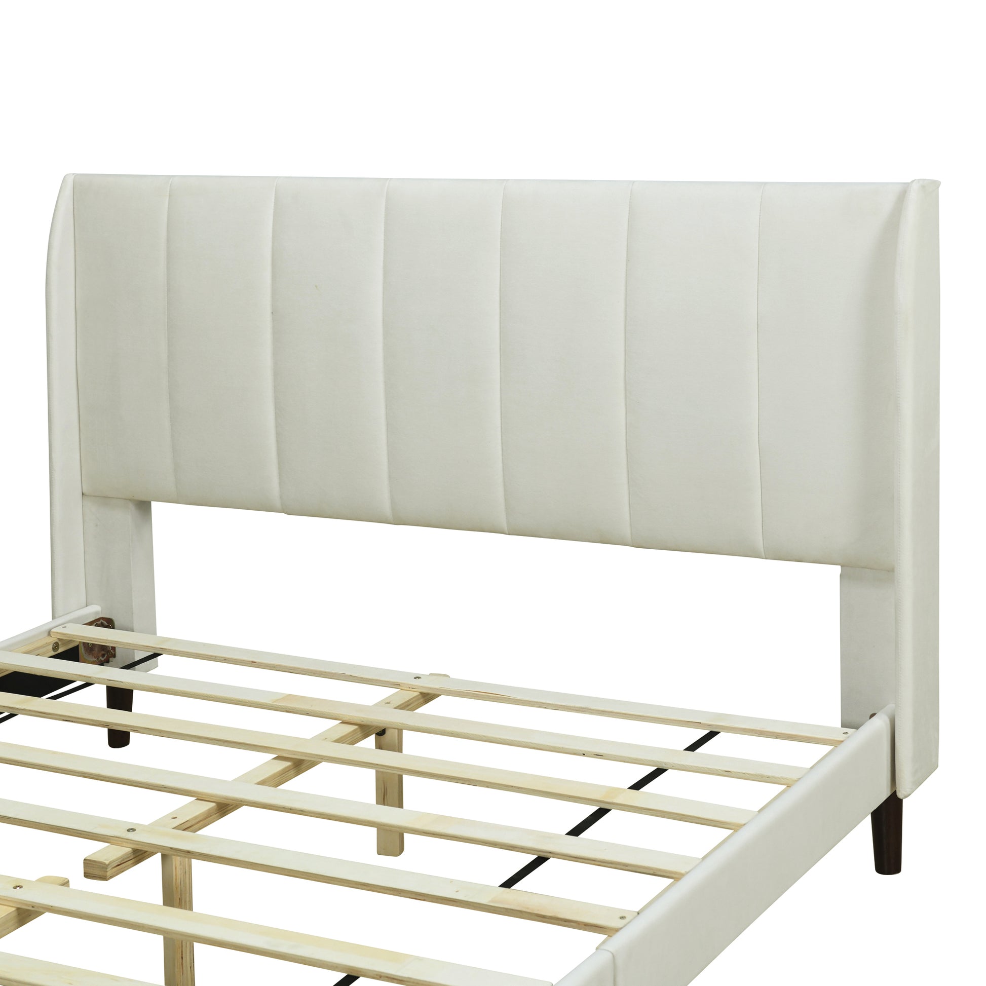 Queen Size Upholstered Platform Bed, Velvet, Beige Beige Upholstered