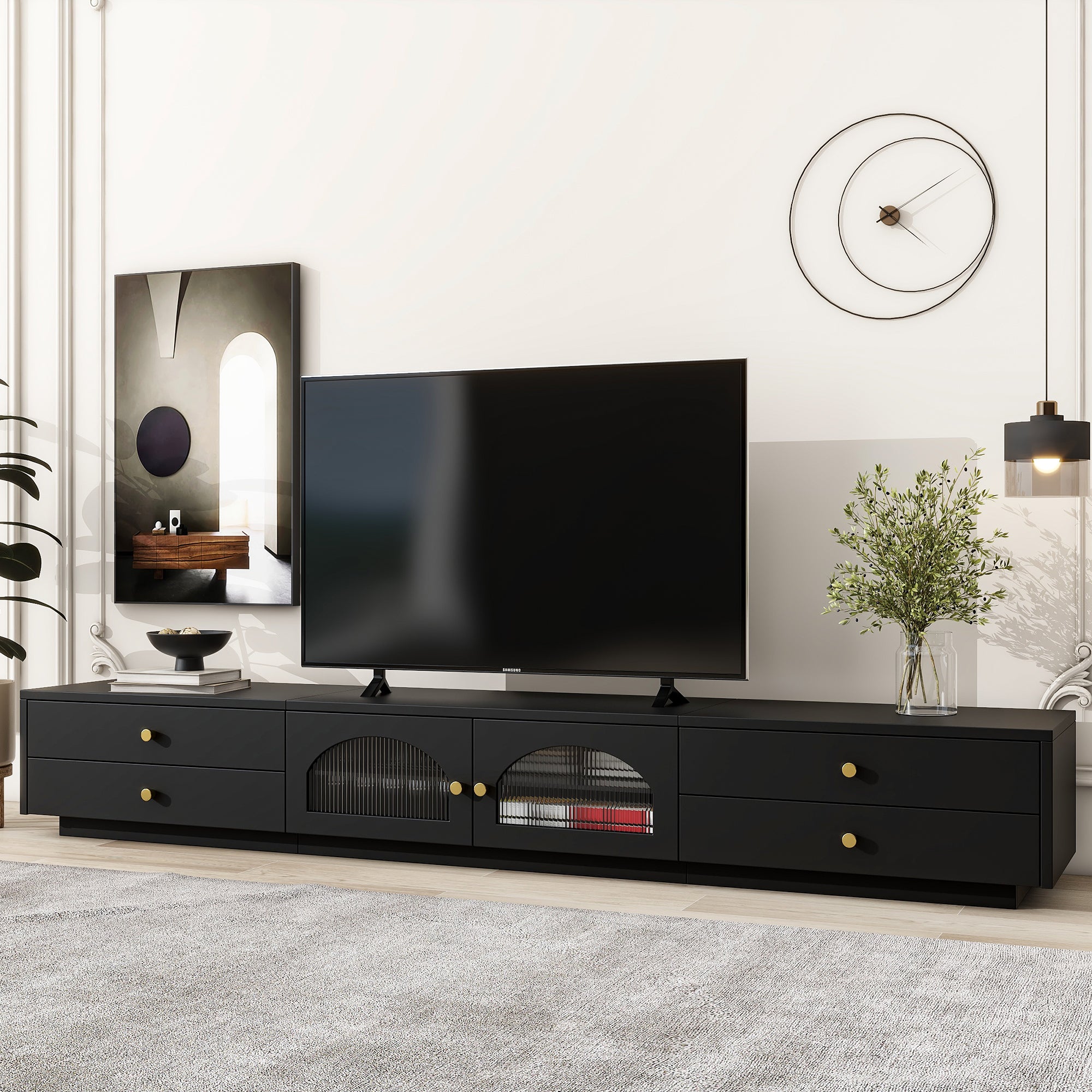 ON TREND Luxurious TV Stand with Fluted Glass Doors black-primary living space-90 inches or