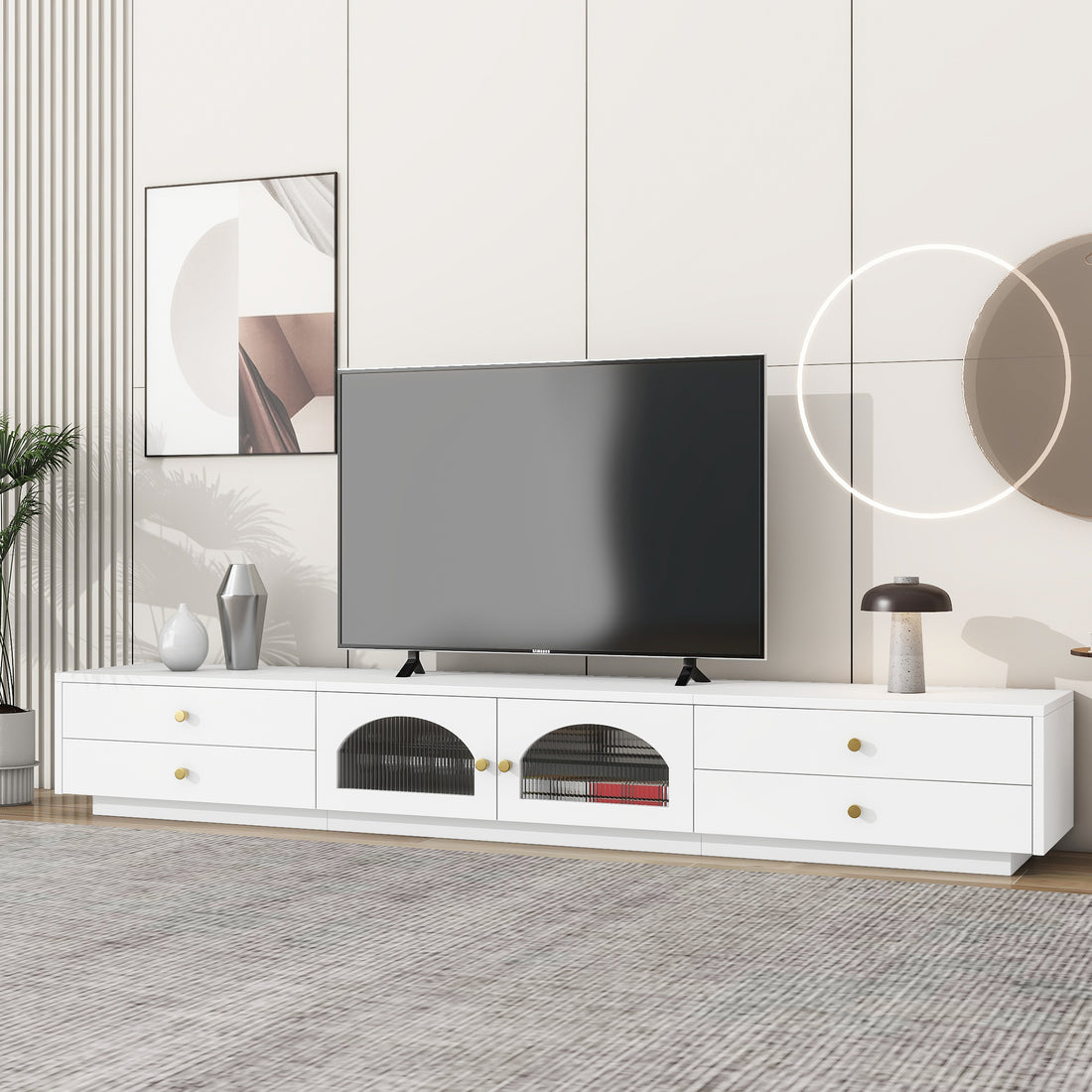 Luxurious Tv Stand With Fluted Glass Doors, Elegant And Functional Media Console For Tvs Up To 95'', Tempered Glass Shelf Tv Cabinet With Multiple Storage Options, White White Primary Living Space 90 Inches Or Larger Particle Board