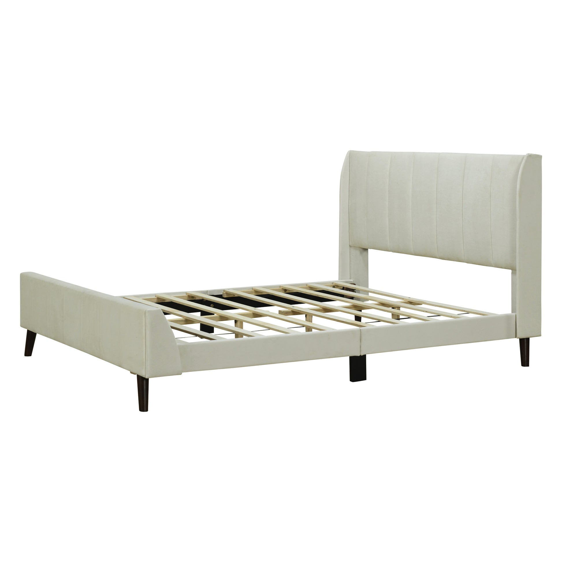 Queen Size Upholstered Platform Bed, Velvet, Beige Beige Upholstered