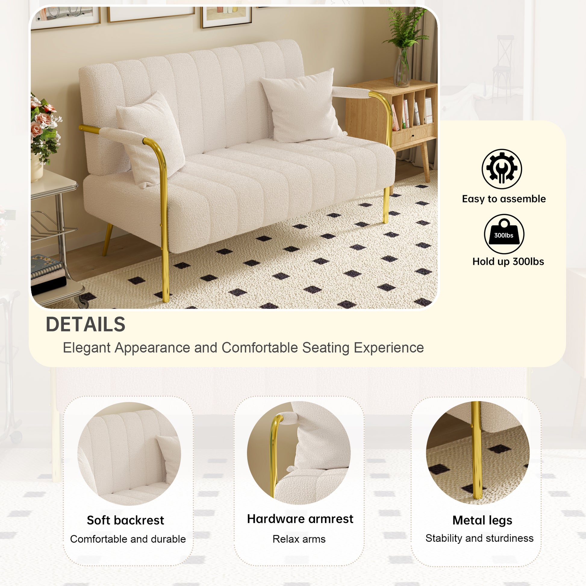 59 Inch Beige Sofa Teddy Fleece, Two Throw Pillows, Suitable For Living Room, Apartment, Home Office Beige Fabric 2 Seat