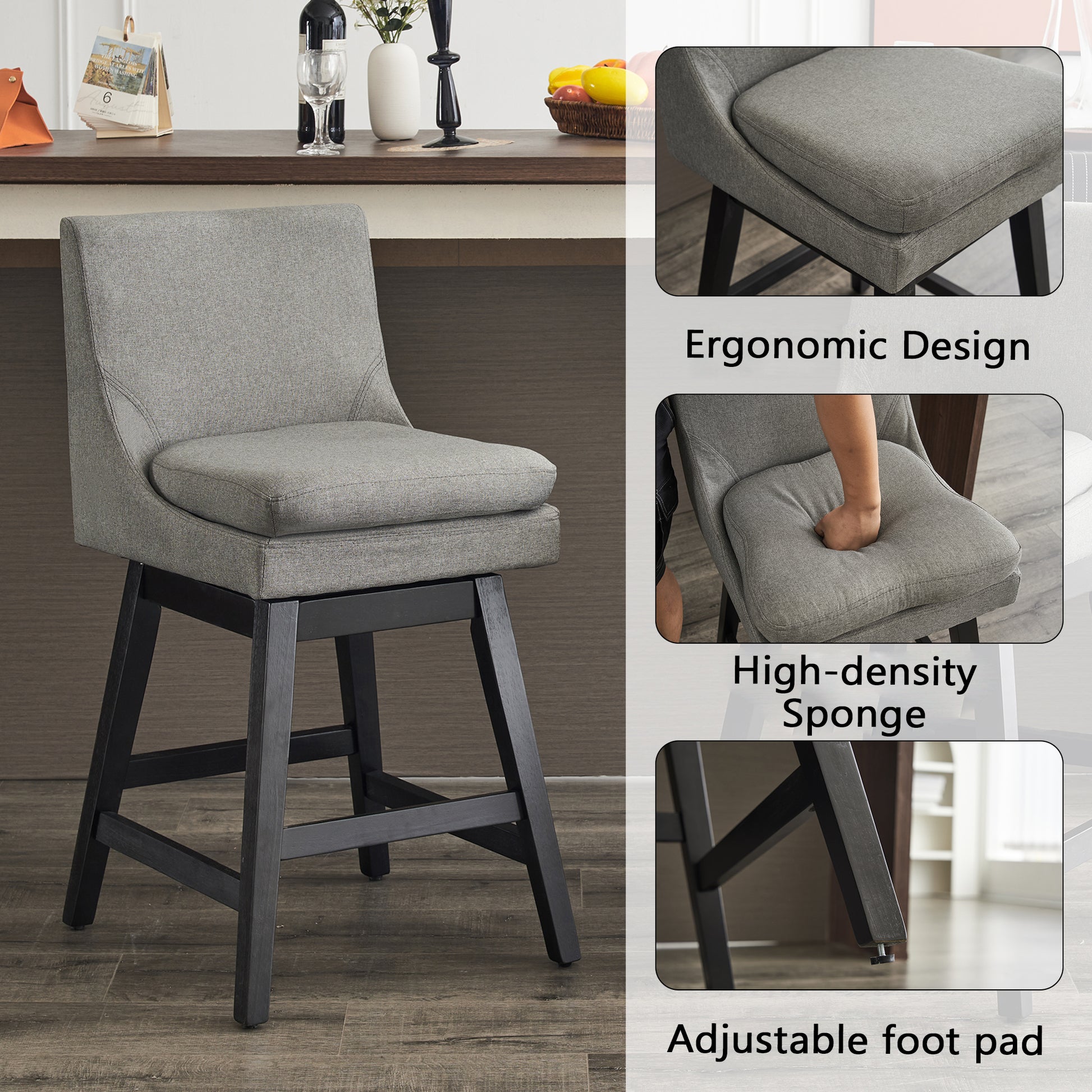 26" Upholstered Swivel Bar Stools Set Of 2, Modern Linen Fabric High Back Counter Stools With Ergonomic Design And Wood Frame Rubberwood Grey Brown Dining Room Sponge American Traditional Bar Stools Rubberwood Upholstered Fabric