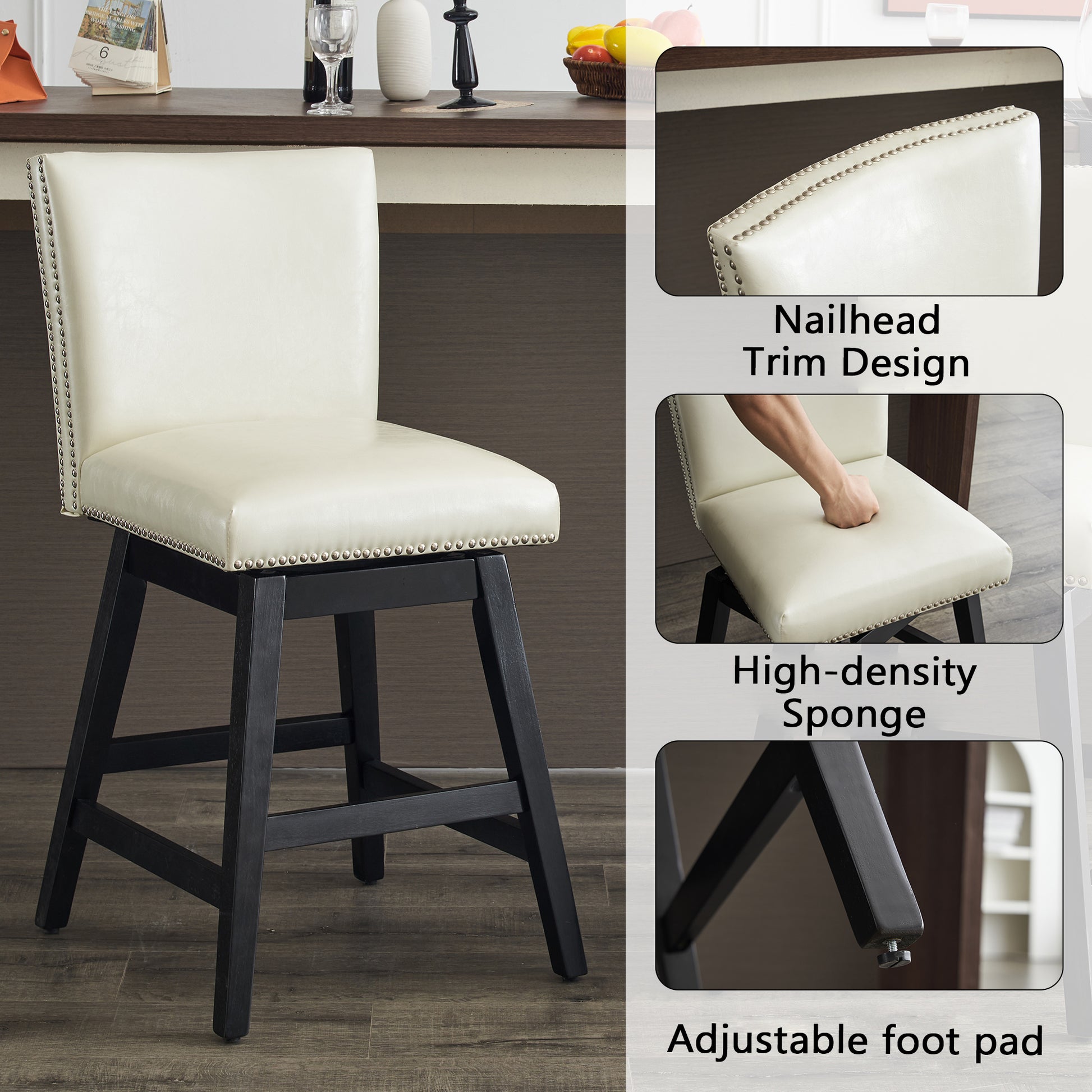 26" Upholstered Swivel Bar Stools Set Of 2, Modern Pu Leather High Back Counter Stools With Nail Head Design And Wood Frame Rubberwood Cream White Brown Dining Room Sponge American Traditional Bar Stools Rubberwood Upholstered Fabric