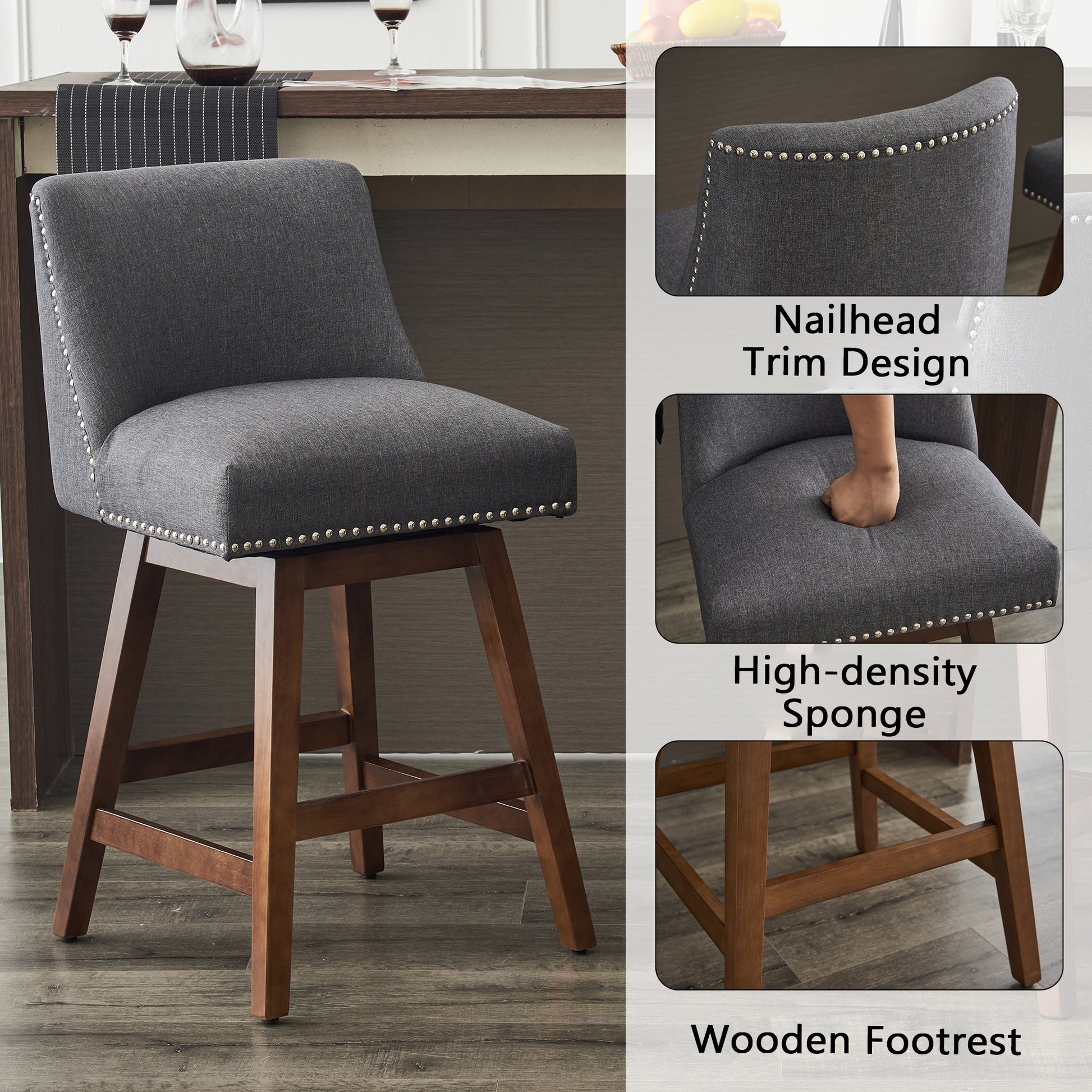 26" Upholstered Swivel Bar Stools Set Of 2, Modern Linen Fabric High Back Counter Stools With Nail Head Design And Wood Frame Rubberwood Grey Brown Dining Room Sponge American Traditional Bar Stools Rubberwood Upholstered Fabric