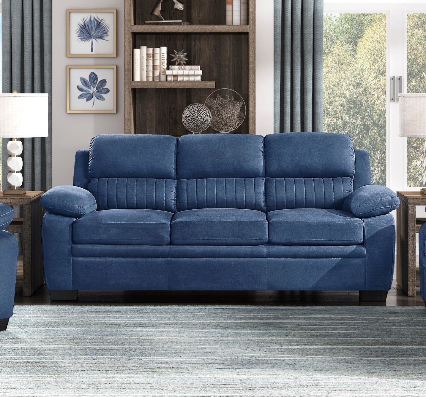 Comfortable Plush Seating Sofa 1Pc Modern Blue Textured Fabric Channel Tufting Solid Wood Frame Living Room Furniture Blue Wood Primary Living Space Contemporary Pillow Top Arms Solid Wood