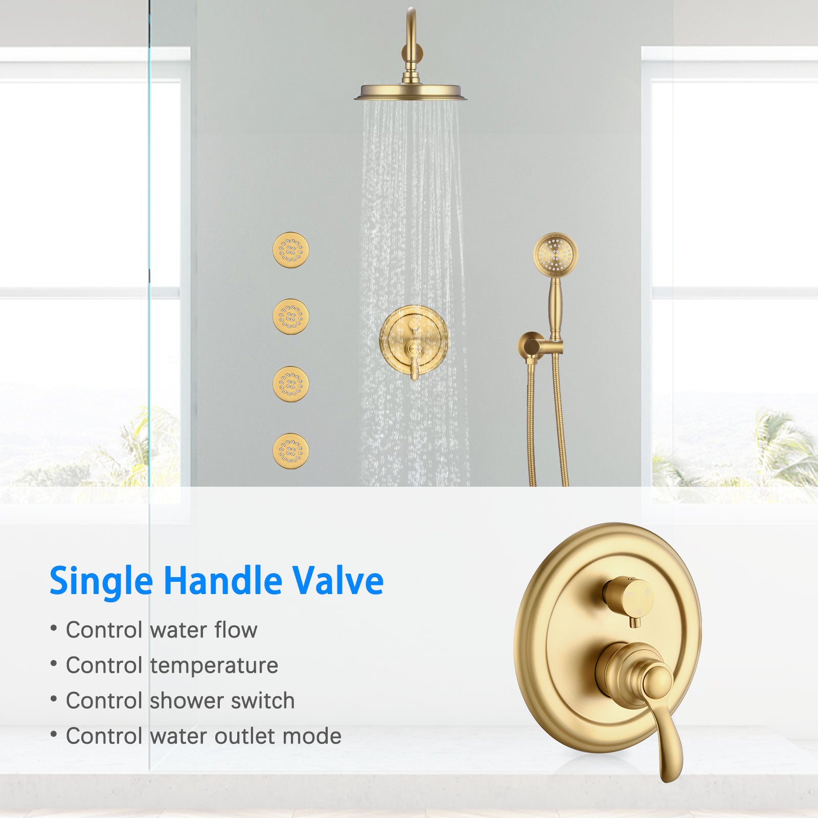 Single Handle 4 Spray Patterns Bathroom Rain Shower Faucet With Body Jet Handshower In Brushed Gold Valve Included Brushed Gold Brass
