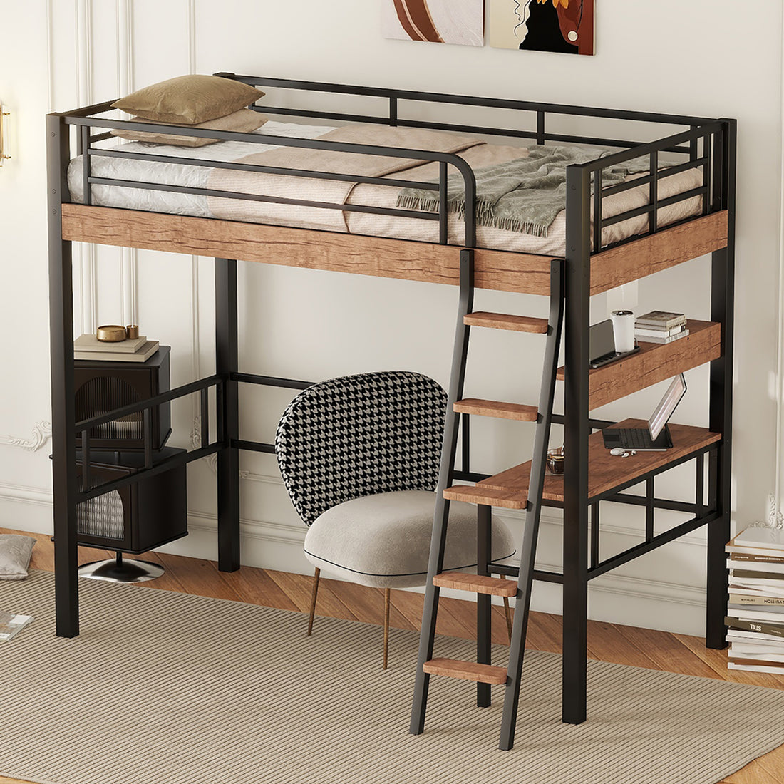 Metal Twin Size Loft Bed With Built In Desk, Storage Shelf And Ladder, Black Box Spring Not Required Black Metal Metal & Wood