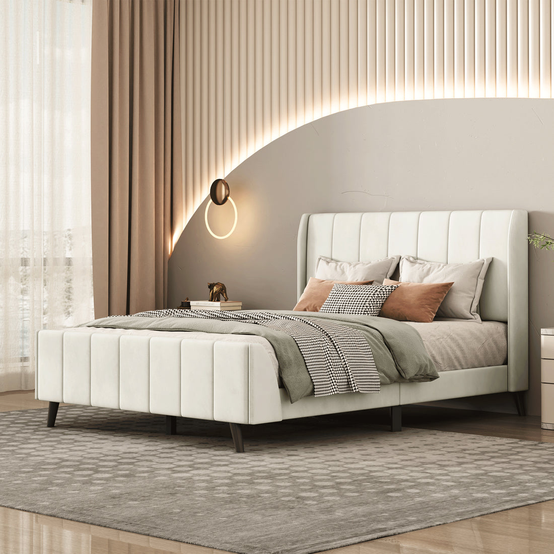 Full Size Upholstered Platform Bed, Velvet, Beige Beige Upholstered