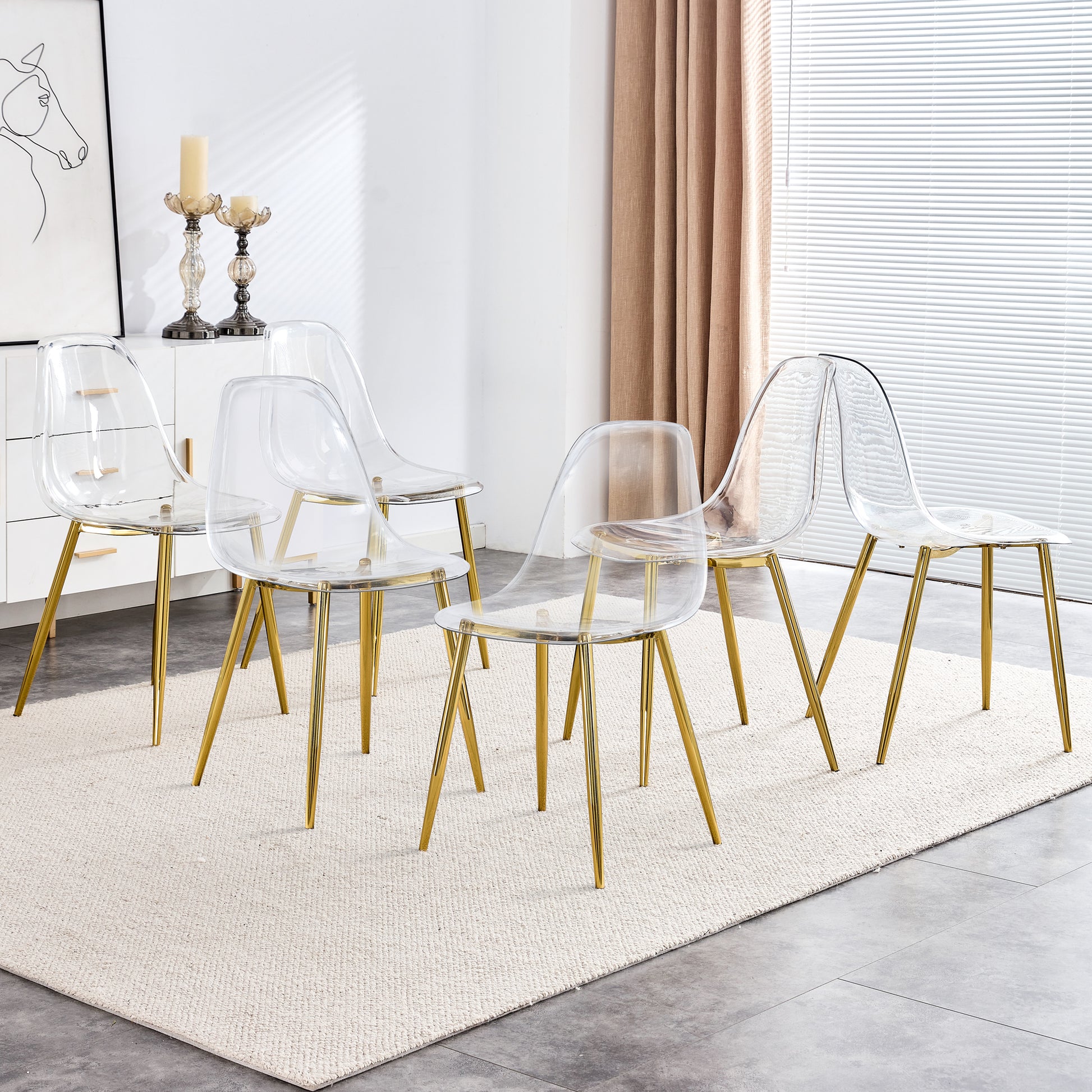 Modern Minimalist Transparent Dining Chair, Plastic Chair, Armless Crystal Chair, Nordic Creative Makeup Stool, Negotiation Chair, 6 Piece Set Of Gold Plated Metal Legs, Tw 1200 Golden Metal