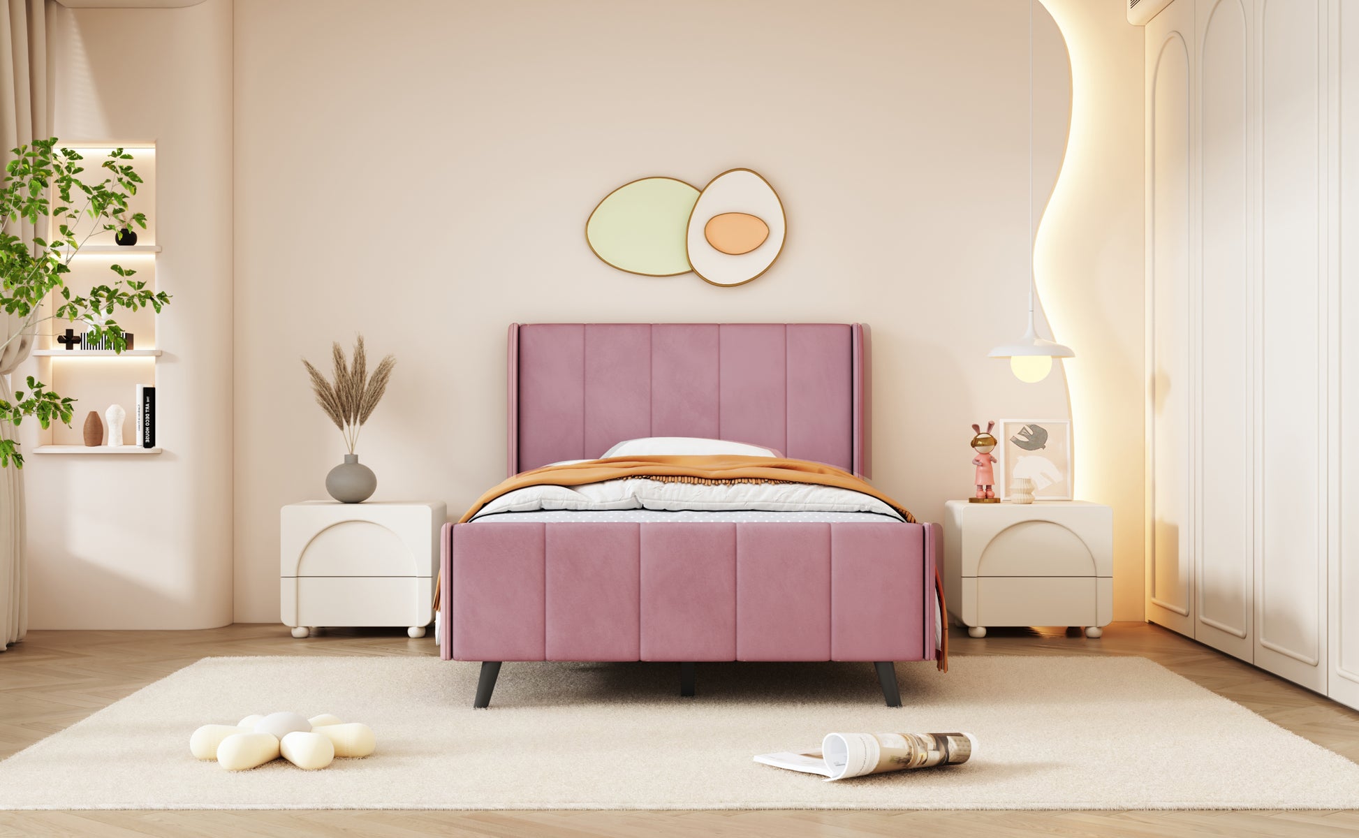 Twin Size Upholstered Platform Bed, Velvet, Pink Pink Upholstered