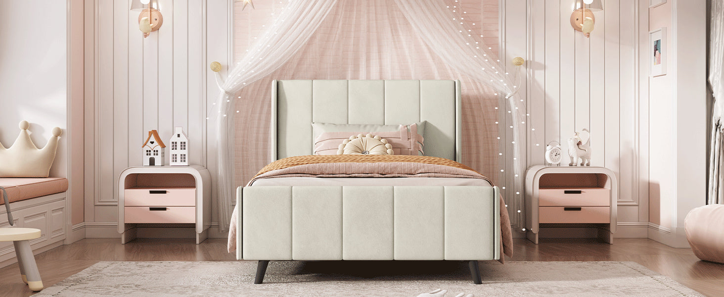 Twin Size Upholstered Platform Bed, Velvet, Beige Beige Upholstered