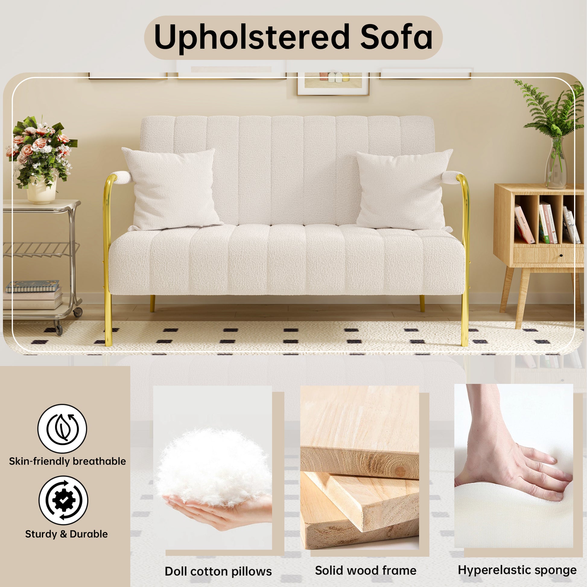 59 Inch Beige Sofa Teddy Fleece, Two Throw Pillows, Suitable For Living Room, Apartment, Home Office Beige Fabric 2 Seat