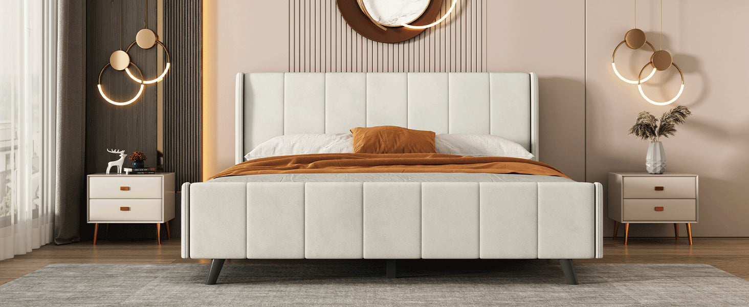 Queen Size Upholstered Platform Bed, Velvet, Beige Beige Upholstered