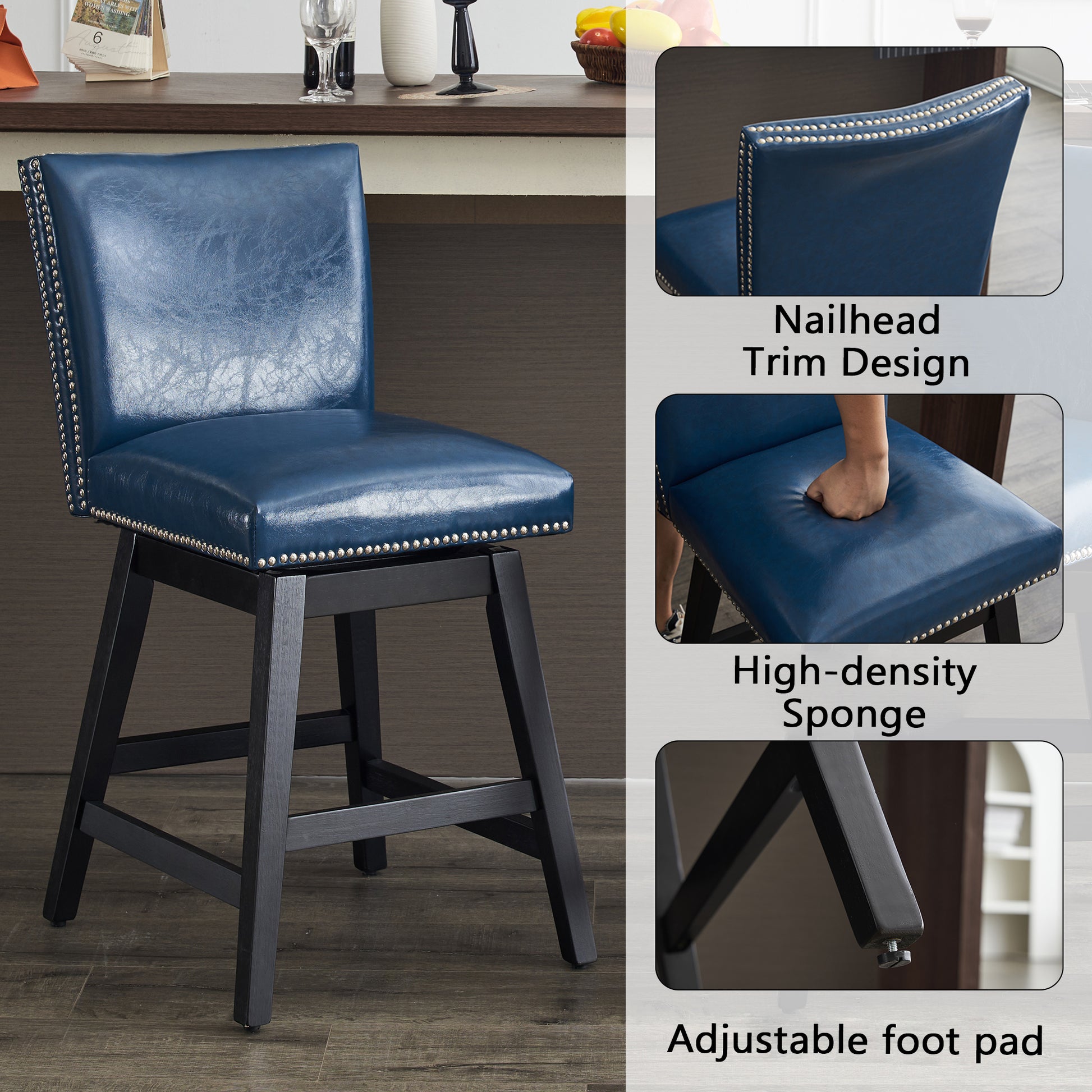 26" Upholstered Swivel Bar Stools Set Of 2, Modern Pu Leather High Back Counter Stools With Nail Head Design And Wood Frame Rubberwood Dark Blue Brown Dining Room Sponge American Traditional Bar Stools Rubberwood Upholstered Fabric