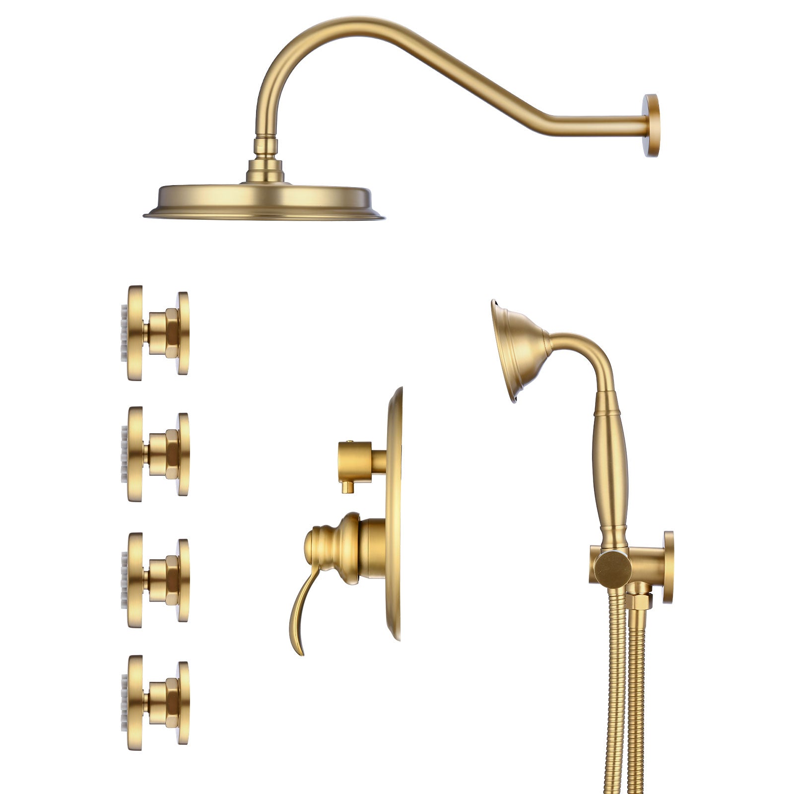 Single Handle 4 Spray Patterns Bathroom Rain Shower Faucet With Body Jet Handshower In Brushed Gold Valve Included Brushed Gold Brass