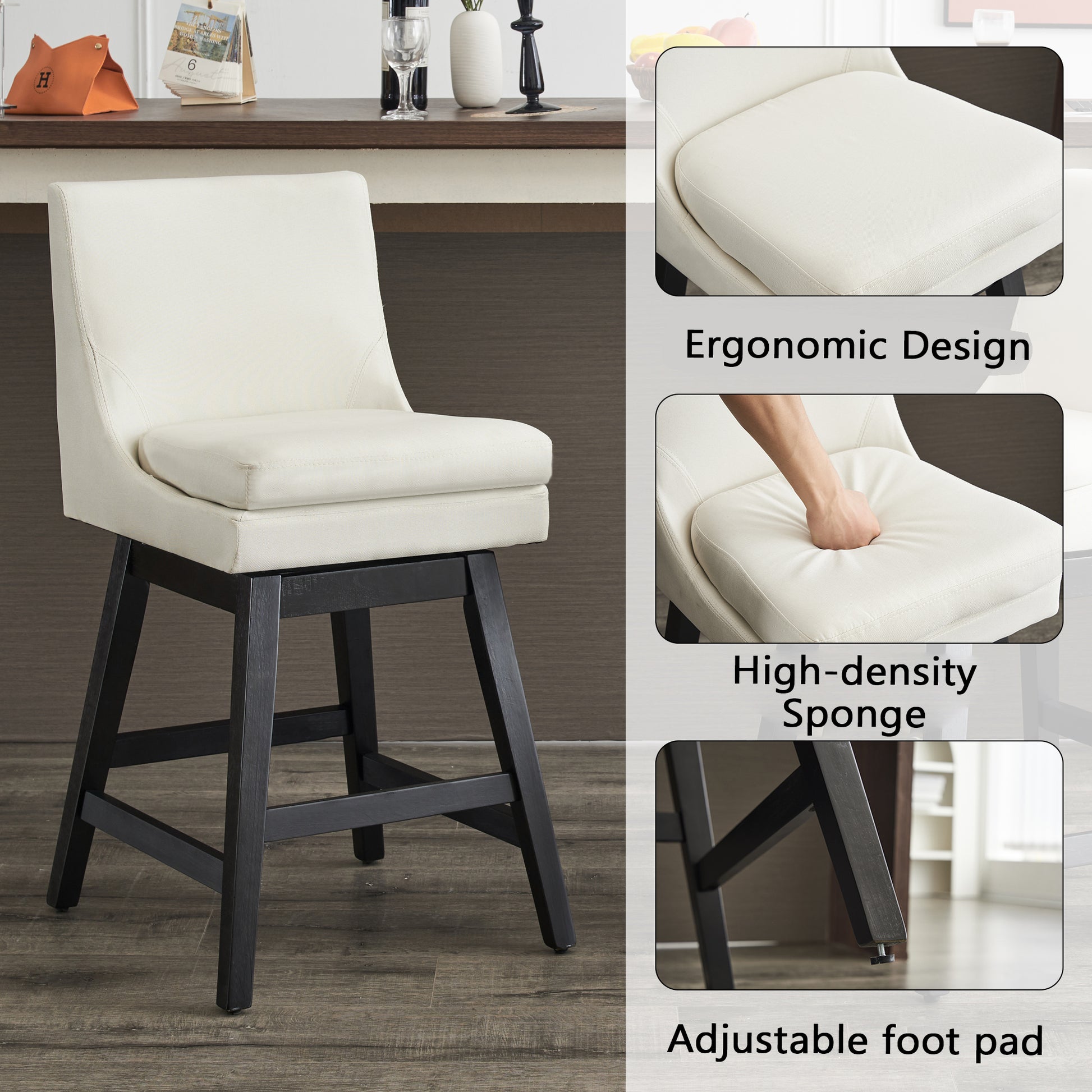 26" Upholstered Swivel Bar Stools Set Of 2, Modern Linen Fabric High Back Counter Stools With Ergonomic Design And Wood Frame Rubberwood Cream White Brown Dining Room Sponge American Traditional Bar Stools Rubberwood Upholstered Fabric