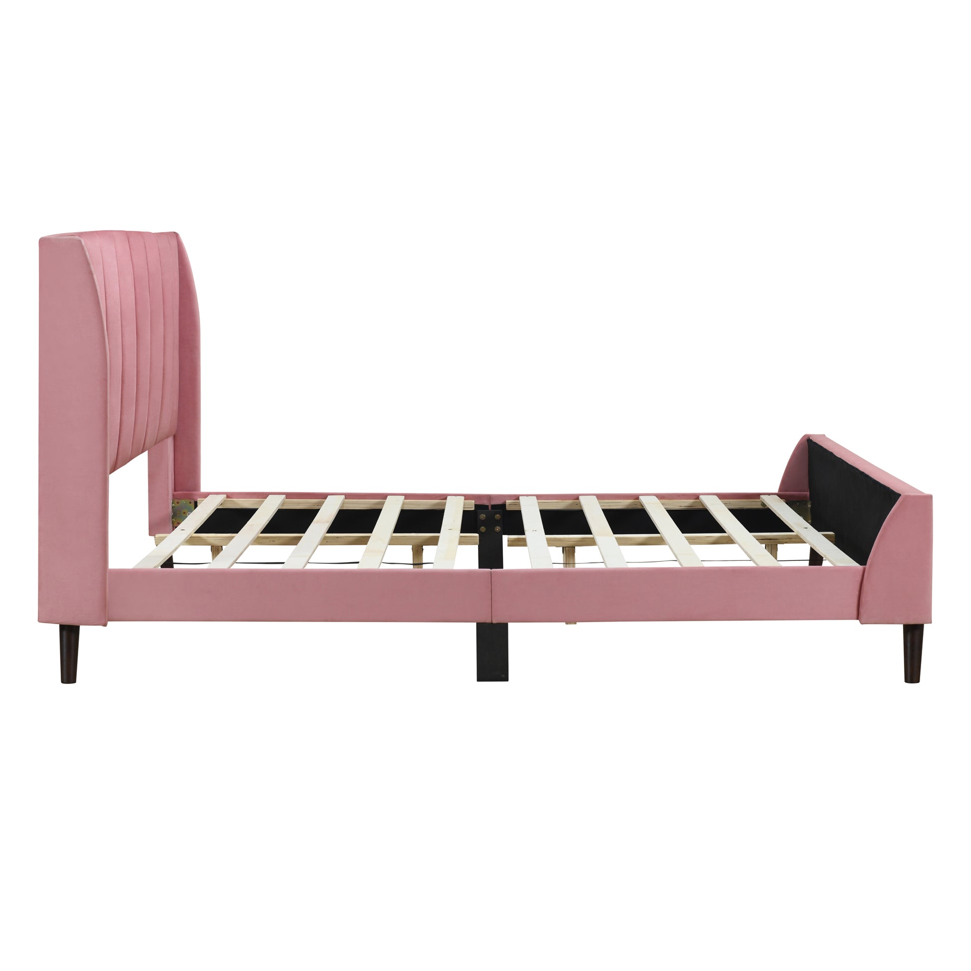 Queen Size Upholstered Platform Bed, Velvet, Pink Pink Upholstered