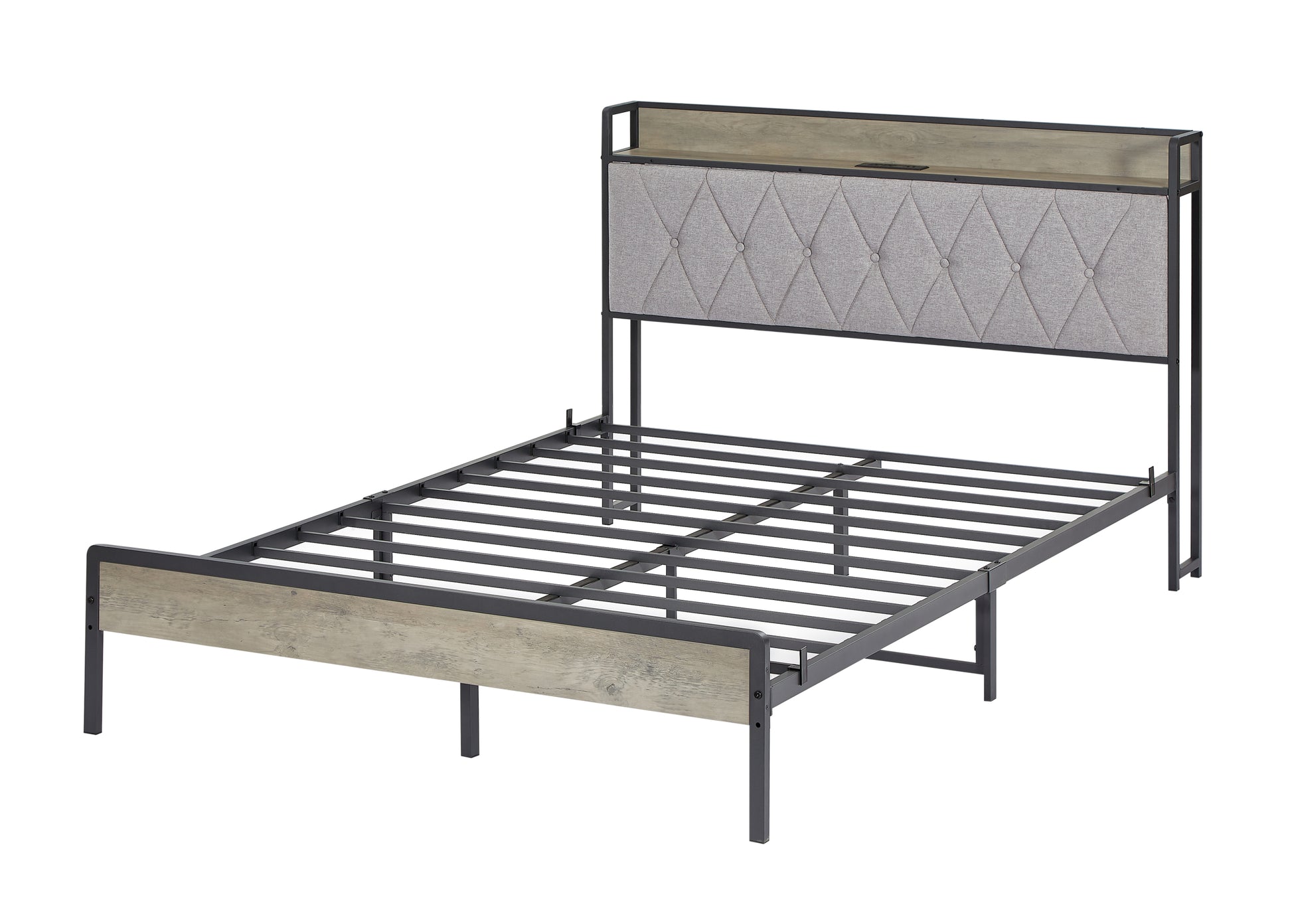 Bed Frame With Charging Station Full Size, Grey, 83.1'' L X 56.1'' W X 39.2'' H. Full Grey Particle Board