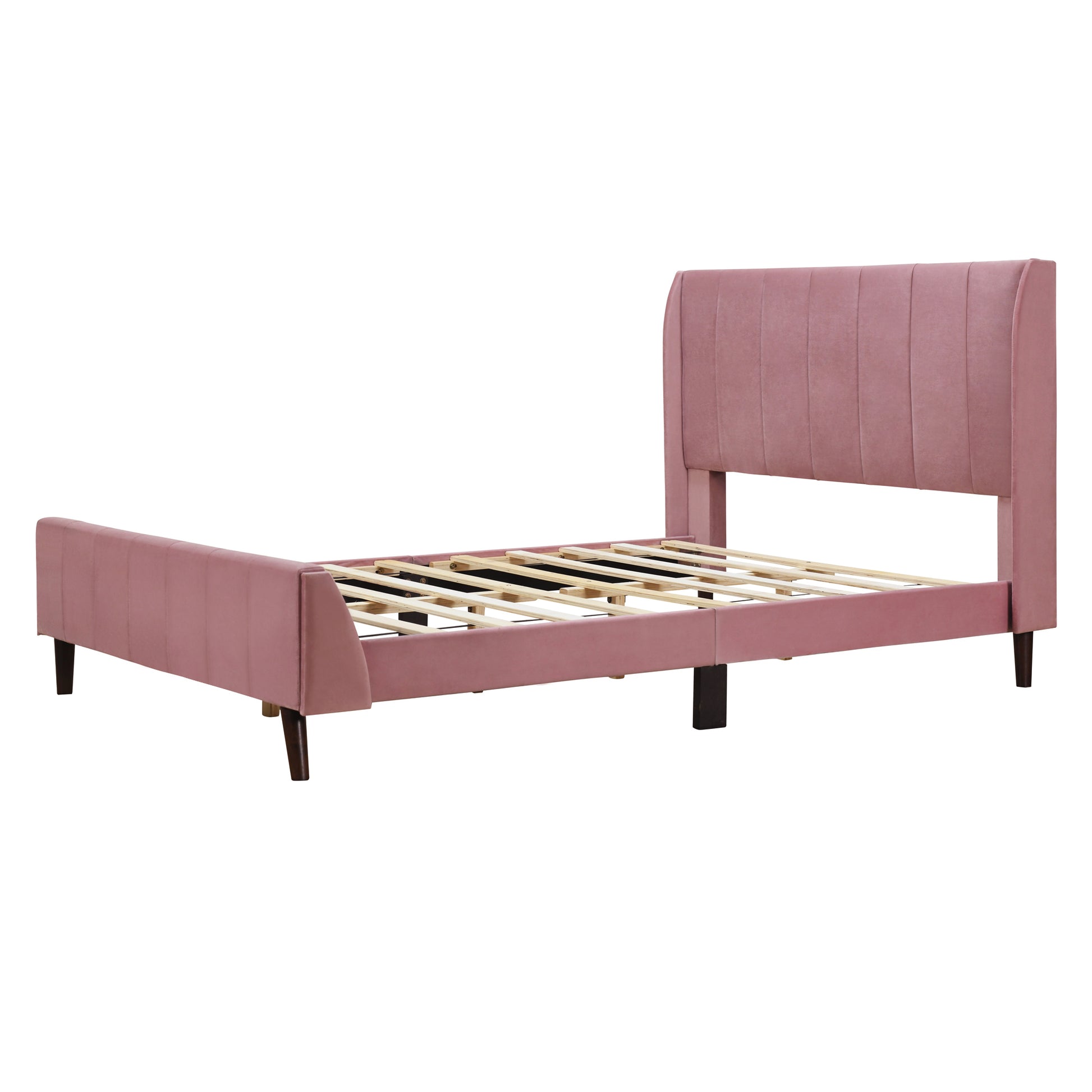 Full Size Upholstered Platform Bed, Velvet, Pink Pink Upholstered