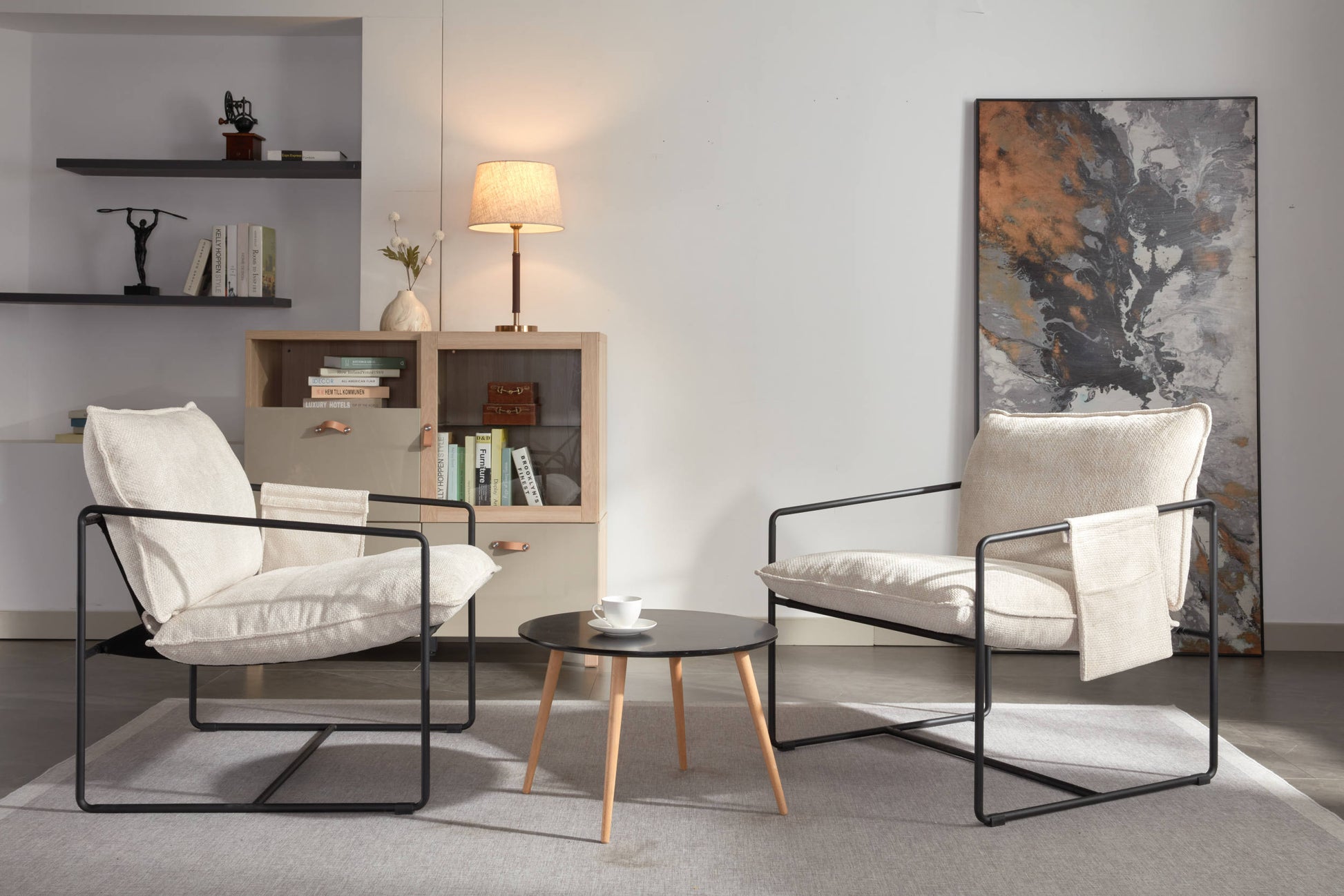 2 Chairs In 1 Box, Upholstered Hanging Armchair With Arm Pocket Metal Frame, Crushed Foam Cushions And Skin Friendly Braid For Living Room And Bedroom. Beige Color Beige Metal