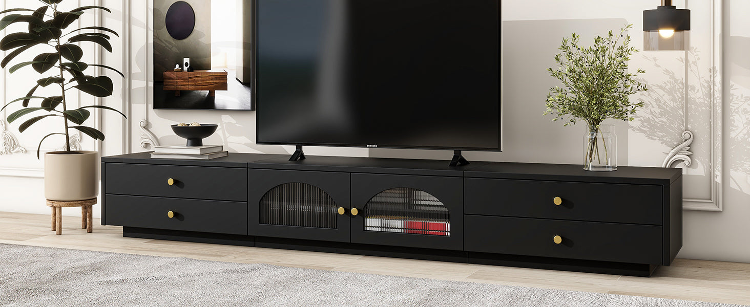 ON TREND Luxurious TV Stand with Fluted Glass Doors black-primary living space-90 inches or