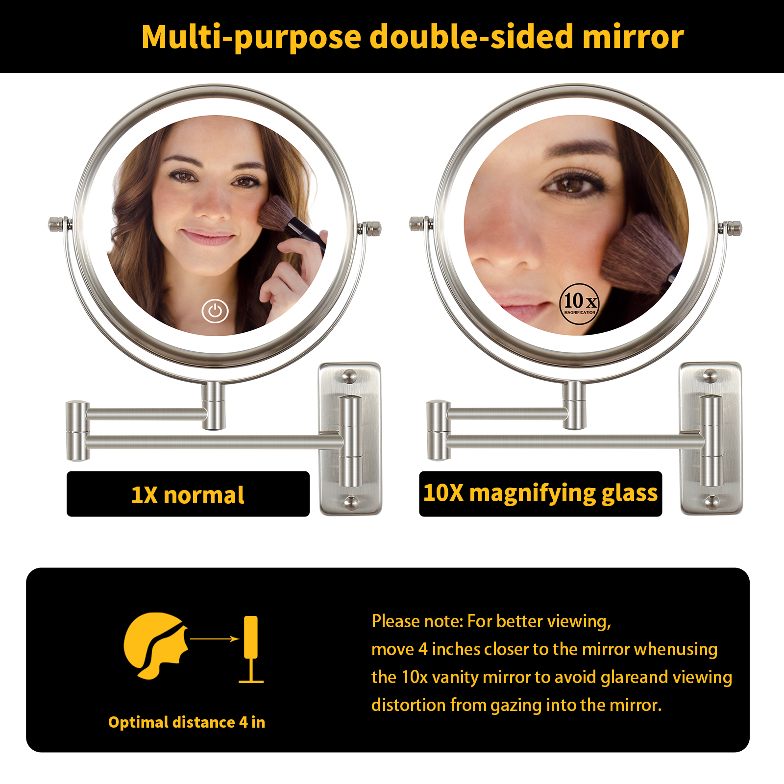 8 Inch Wall Mounted Makeup Mirror, Double Sided 1x 10x brushed nickel-metal