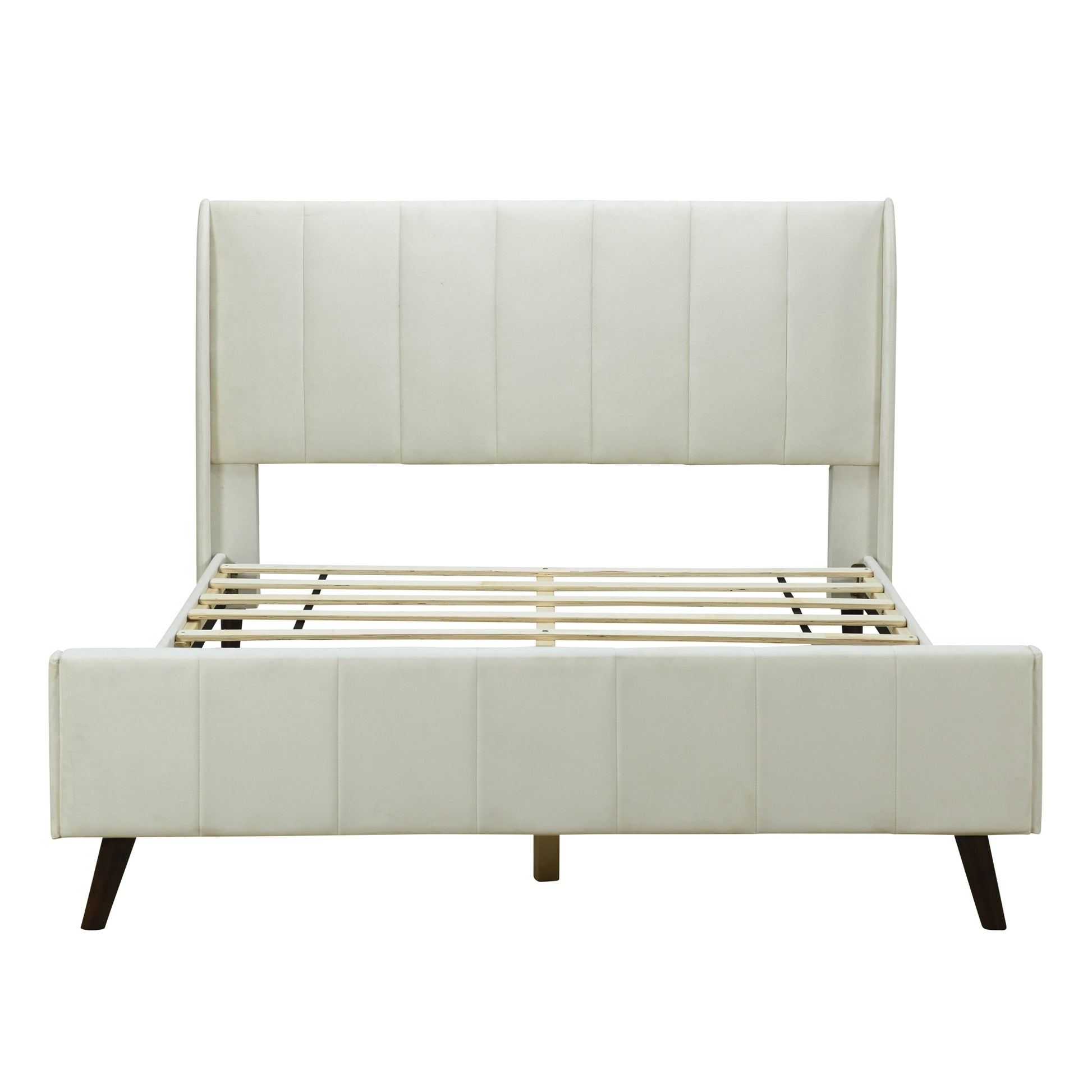 Queen Size Upholstered Platform Bed, Velvet, Beige Beige Upholstered