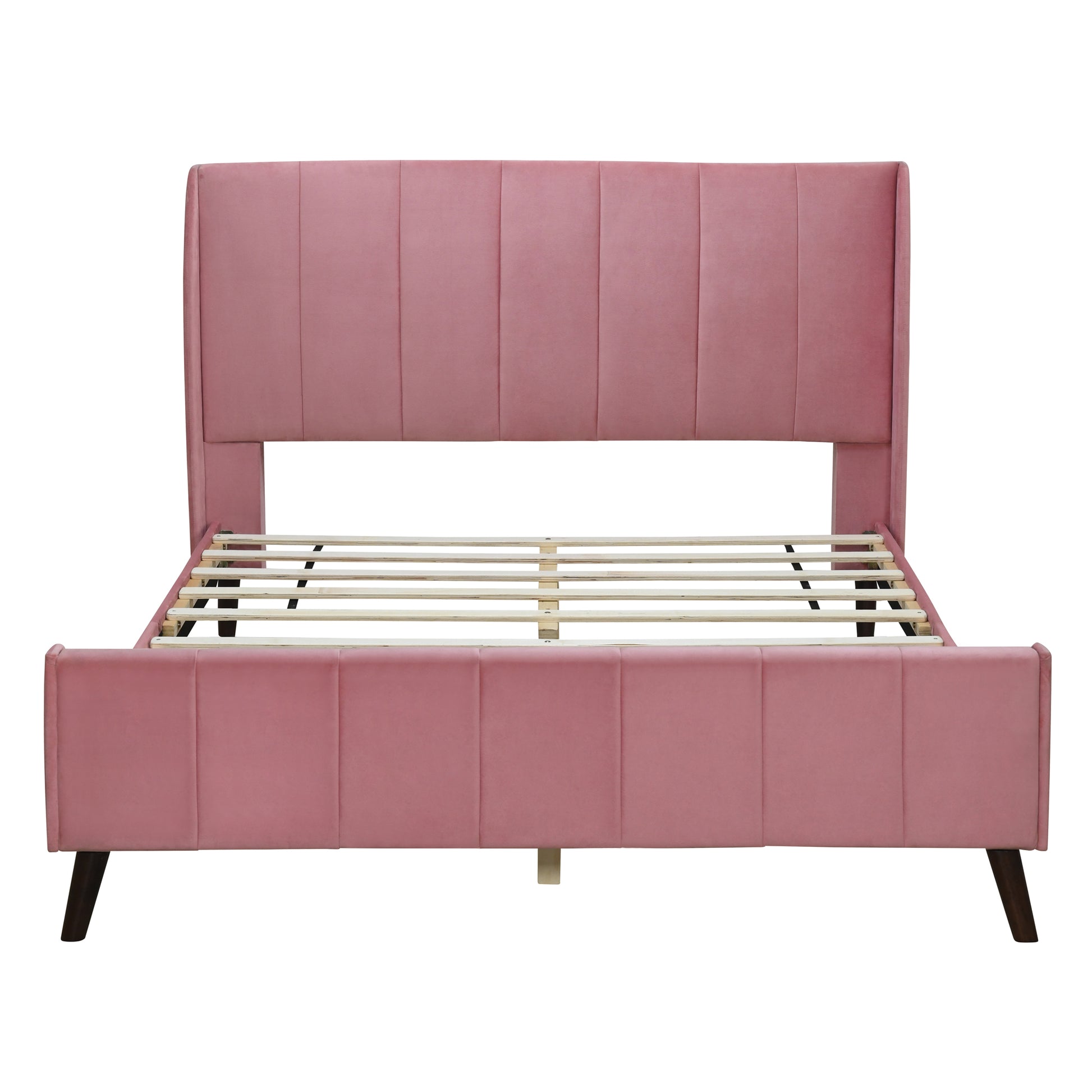 Queen Size Upholstered Platform Bed, Velvet, Pink Pink Upholstered