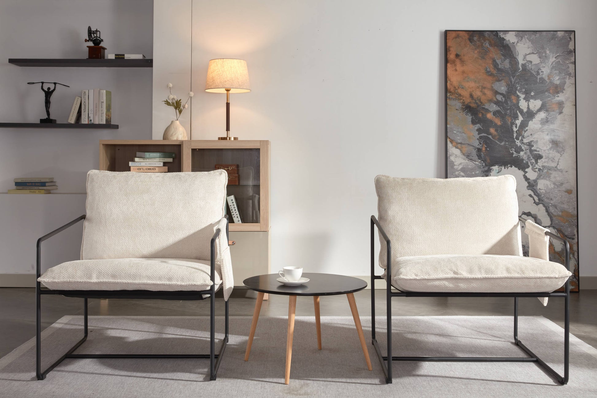 2 Chairs In 1 Box, Upholstered Hanging Armchair With Arm Pocket Metal Frame, Crushed Foam Cushions And Skin Friendly Braid For Living Room And Bedroom. Beige Color Beige Metal