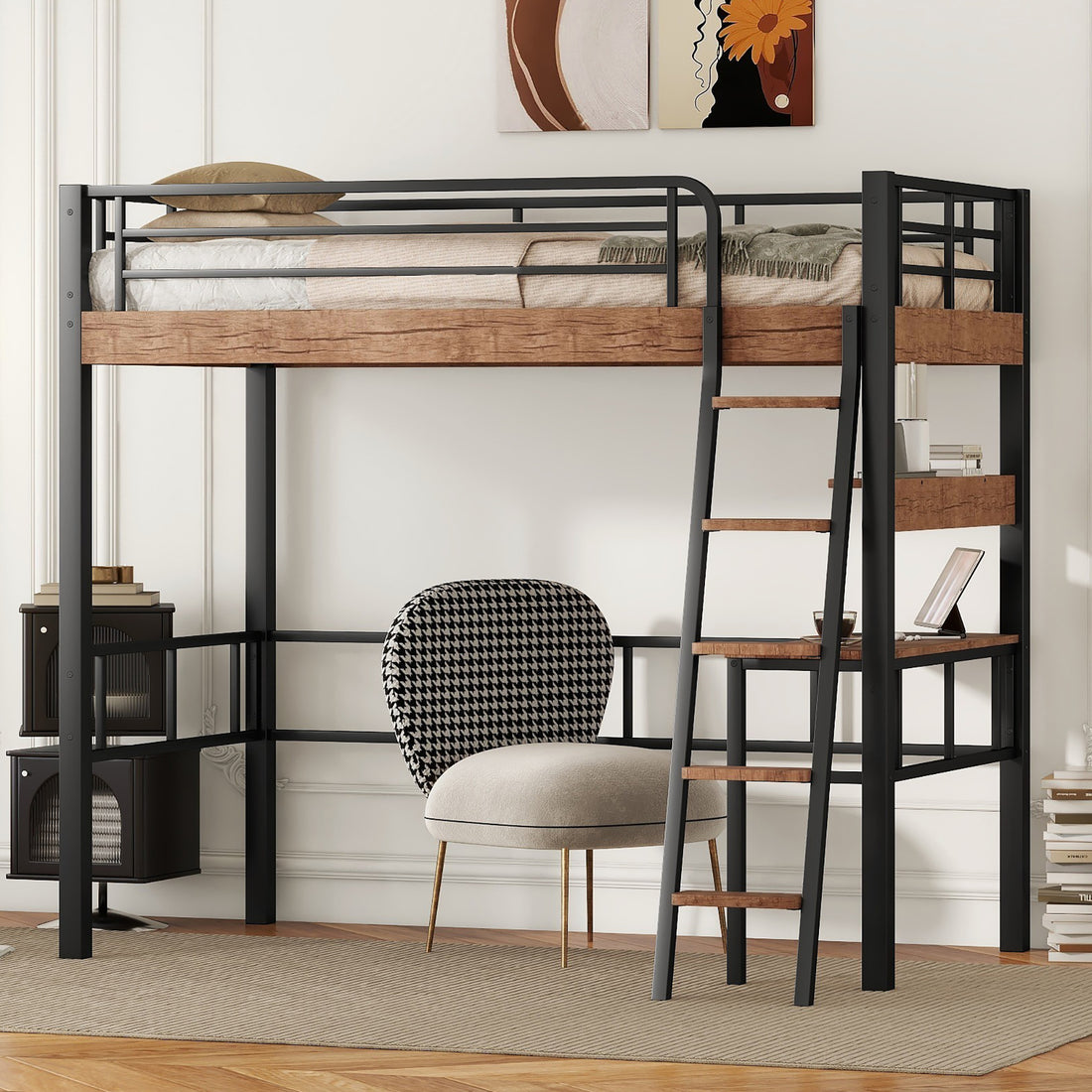 Metal Twin Size Loft Bed With Built In Desk, Storage Shelf And Ladder, Black Box Spring Not Required Black Metal Metal & Wood