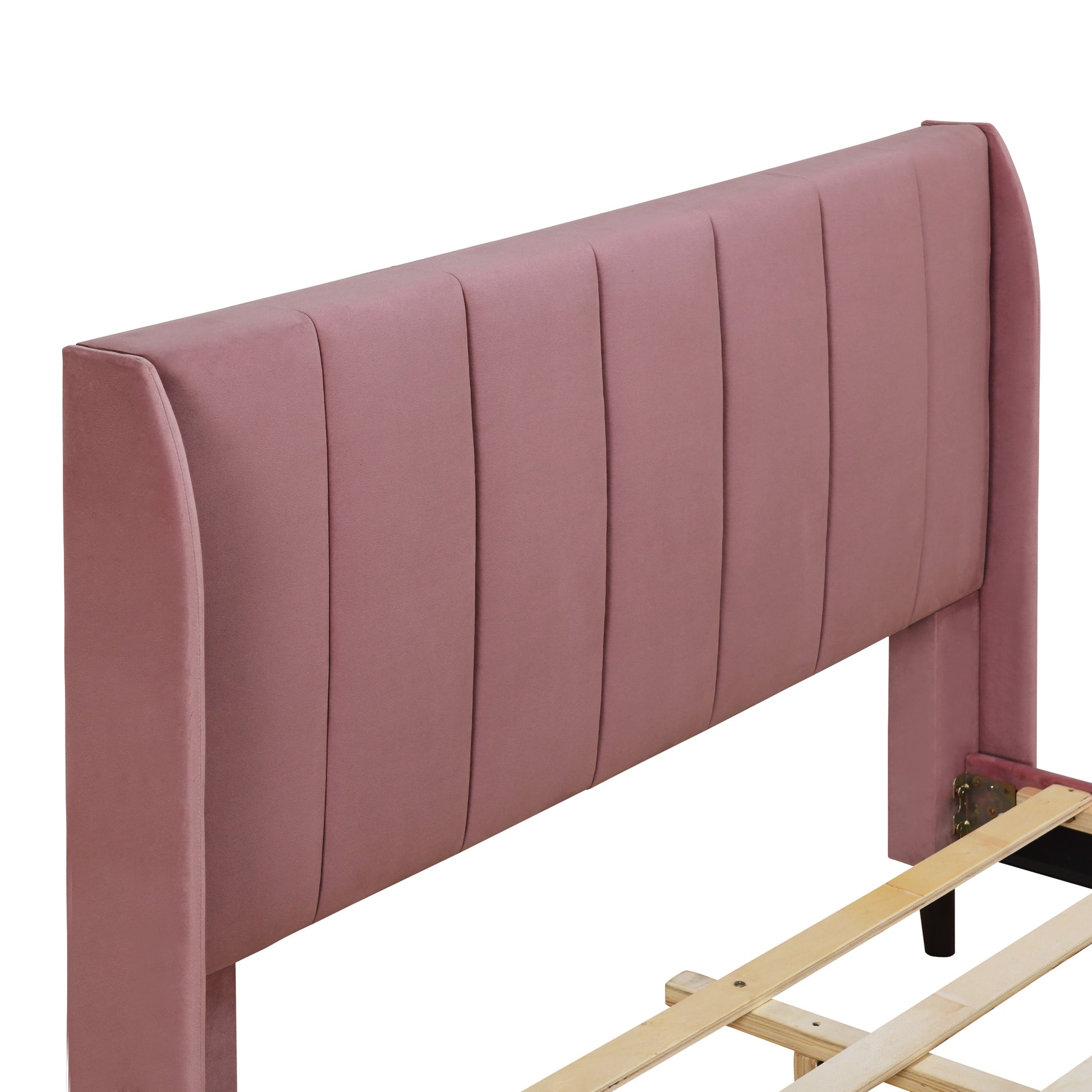 Full Size Upholstered Platform Bed, Velvet, Pink Pink Upholstered