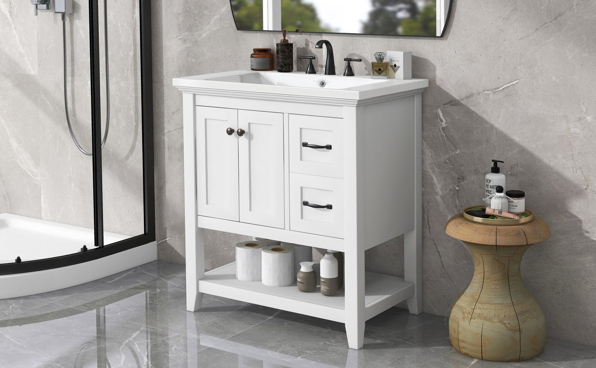 30" Bathroom Vanity With Ceramic Sink Top, Vanity Cabinet With Multi Functional Drawer, Solid Wood Legs, White White Solid Wood Mdf