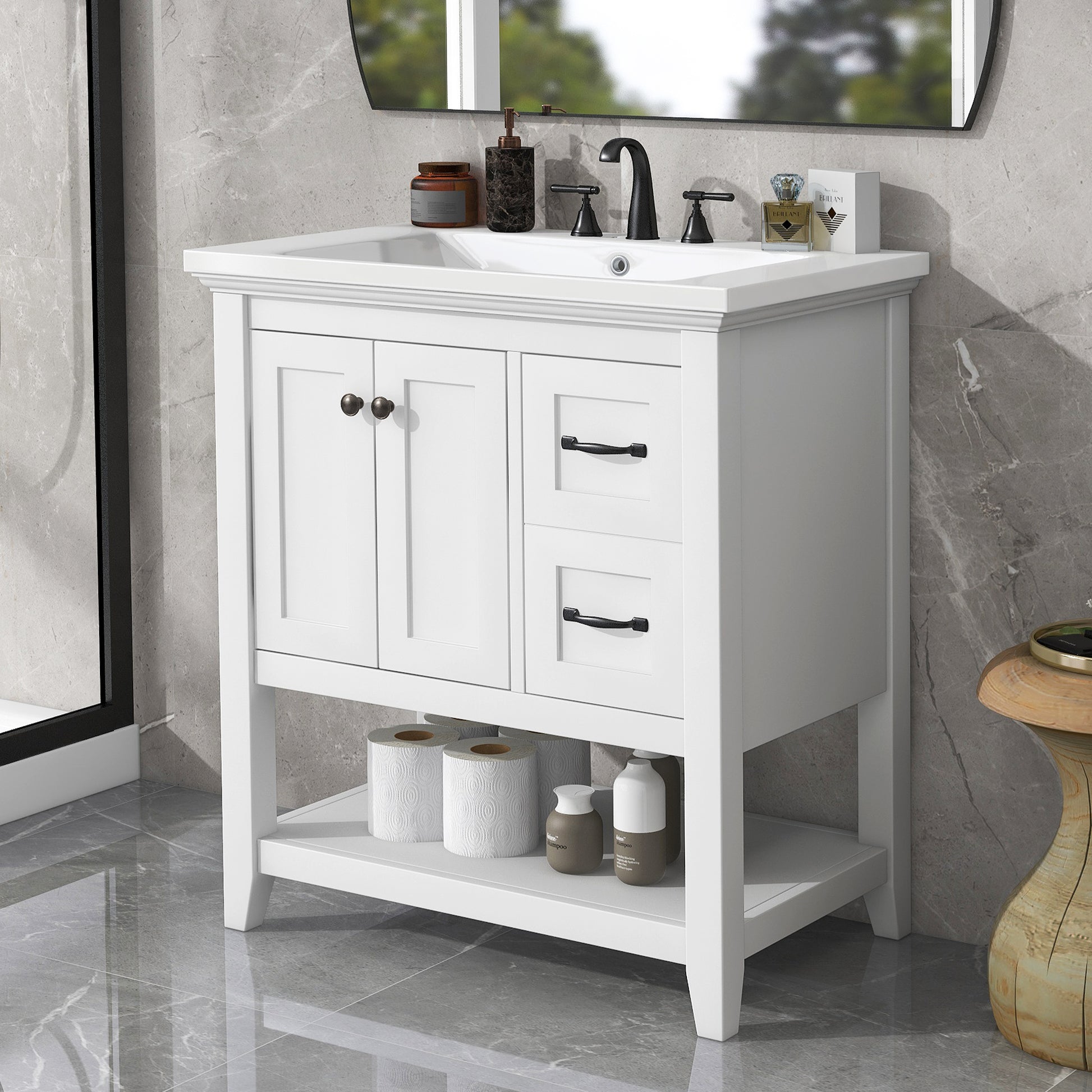 30" Bathroom Vanity With Ceramic Sink Top, Vanity Cabinet With Multi Functional Drawer, Solid Wood Legs, White White Solid Wood Mdf