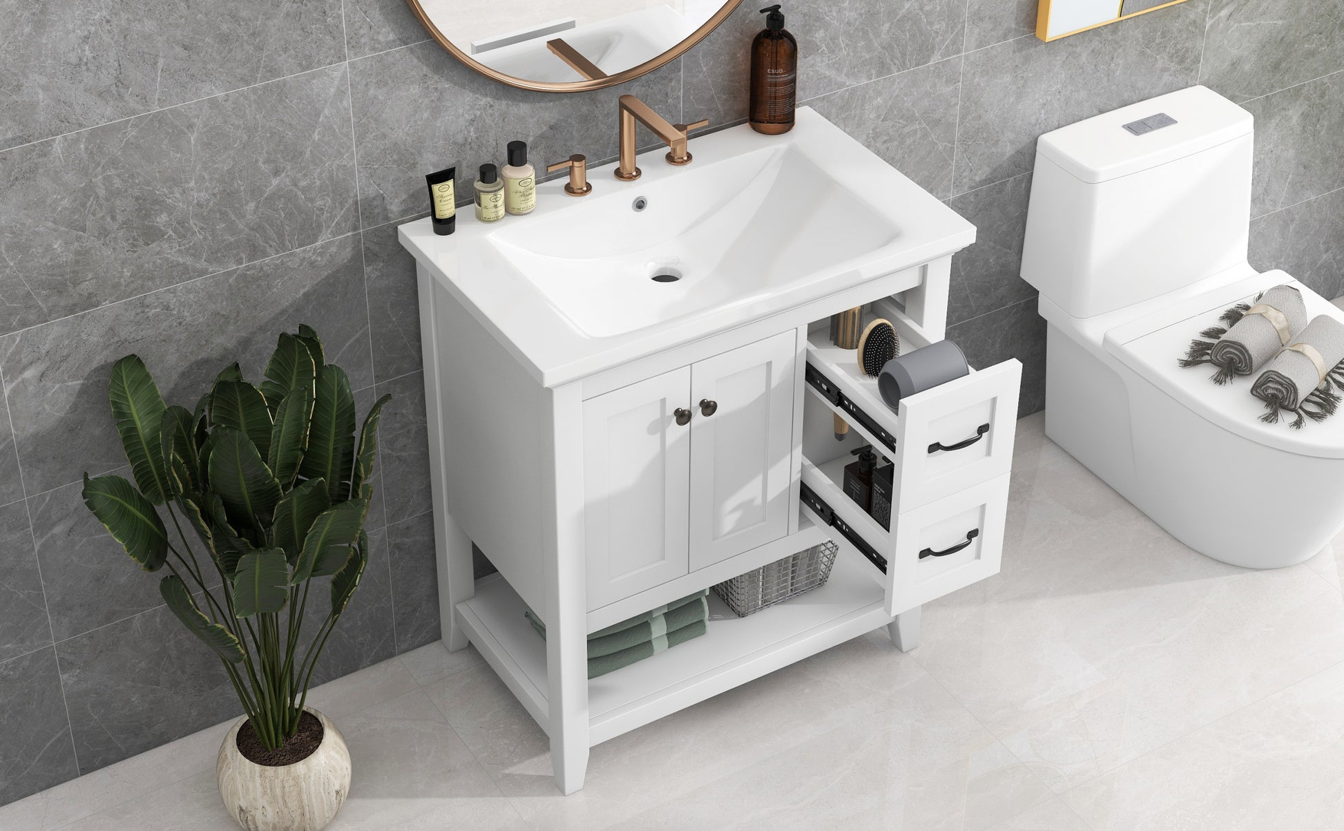 30" Bathroom Vanity With Ceramic Sink Top, Vanity Cabinet With Multi Functional Drawer, Solid Wood Legs, White White Solid Wood Mdf