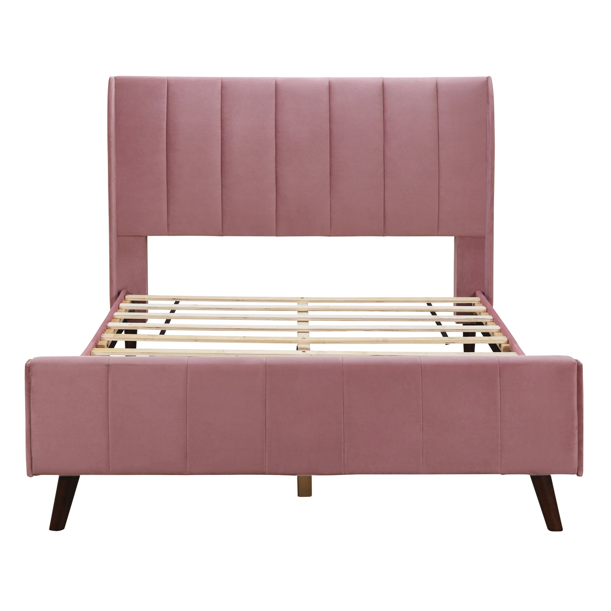 Full Size Upholstered Platform Bed, Velvet, Pink Pink Upholstered