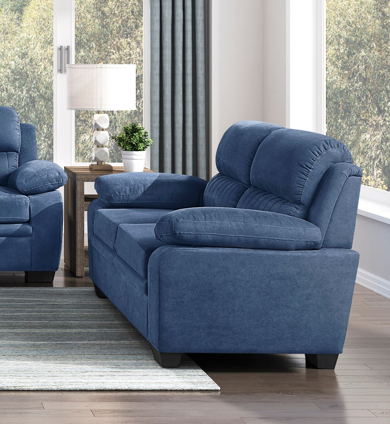 Modern Living Room 3Pc Sofa Set Plush Comfortable Sofa Loveseat Chair Blue Textured Fabric Channel Tufting Solid Wood Furniture Blue Polyester Wood Primary Living Space Contemporary Pillow Top Arms Solid Wood 6 Seat