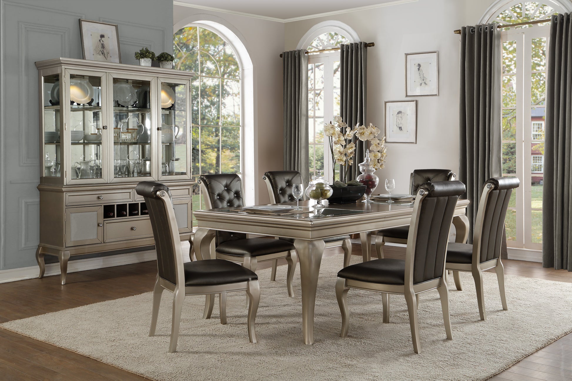 Modern Glam Silver Finish 7Pc Dining Set Table With Extension Leaf And 6 Side Chairs Crystal Button Tufted Traditional Style Dining Furniture Silver Grey Seats 6 Dining Room Extendable Glam,Modern,Traditional Rectangular Dining Table With Chair Wood