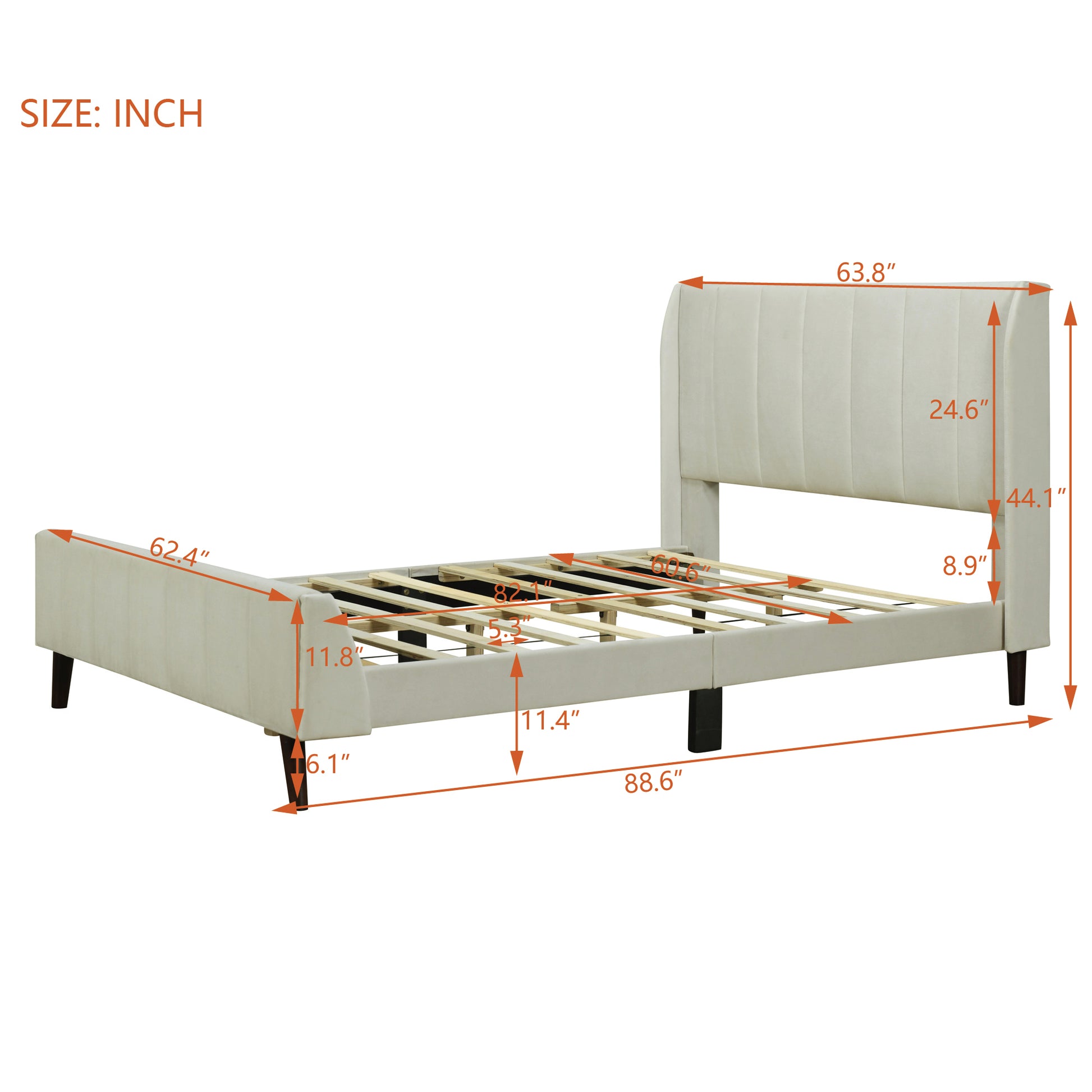 Queen Size Upholstered Platform Bed, Velvet, Beige Beige Upholstered