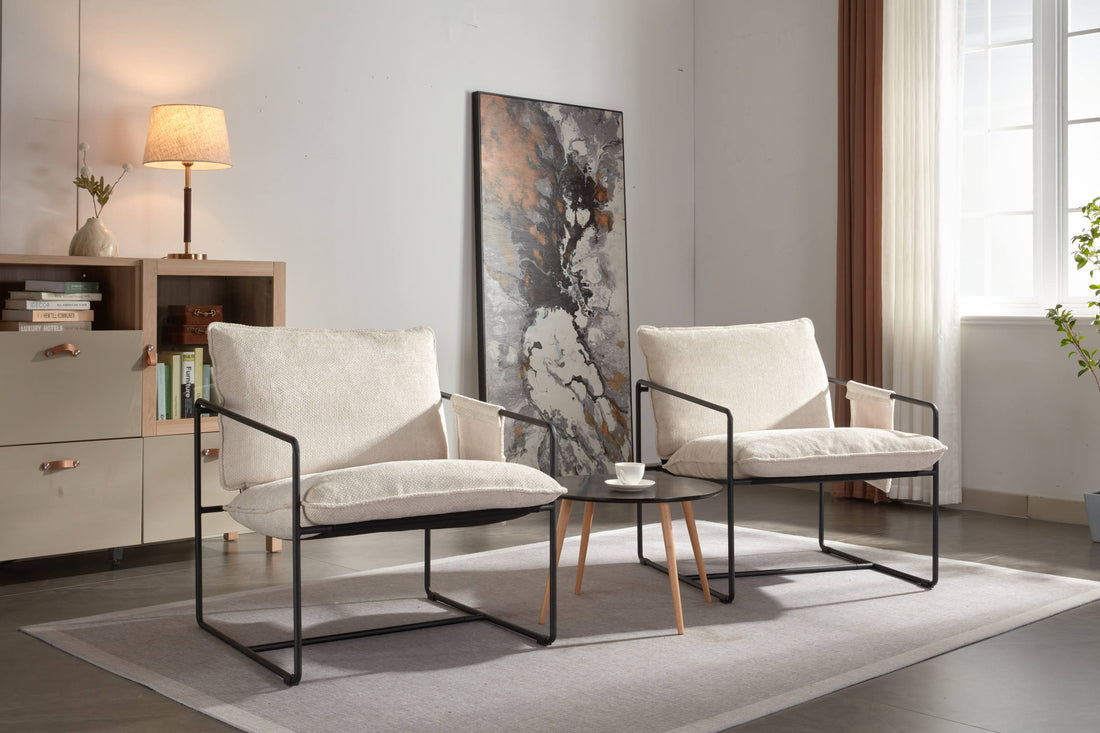 2 Chairs In 1 Box, Upholstered Hanging Armchair With Arm Pocket Metal Frame, Crushed Foam Cushions And Skin Friendly Braid For Living Room And Bedroom. Beige Color Beige Metal