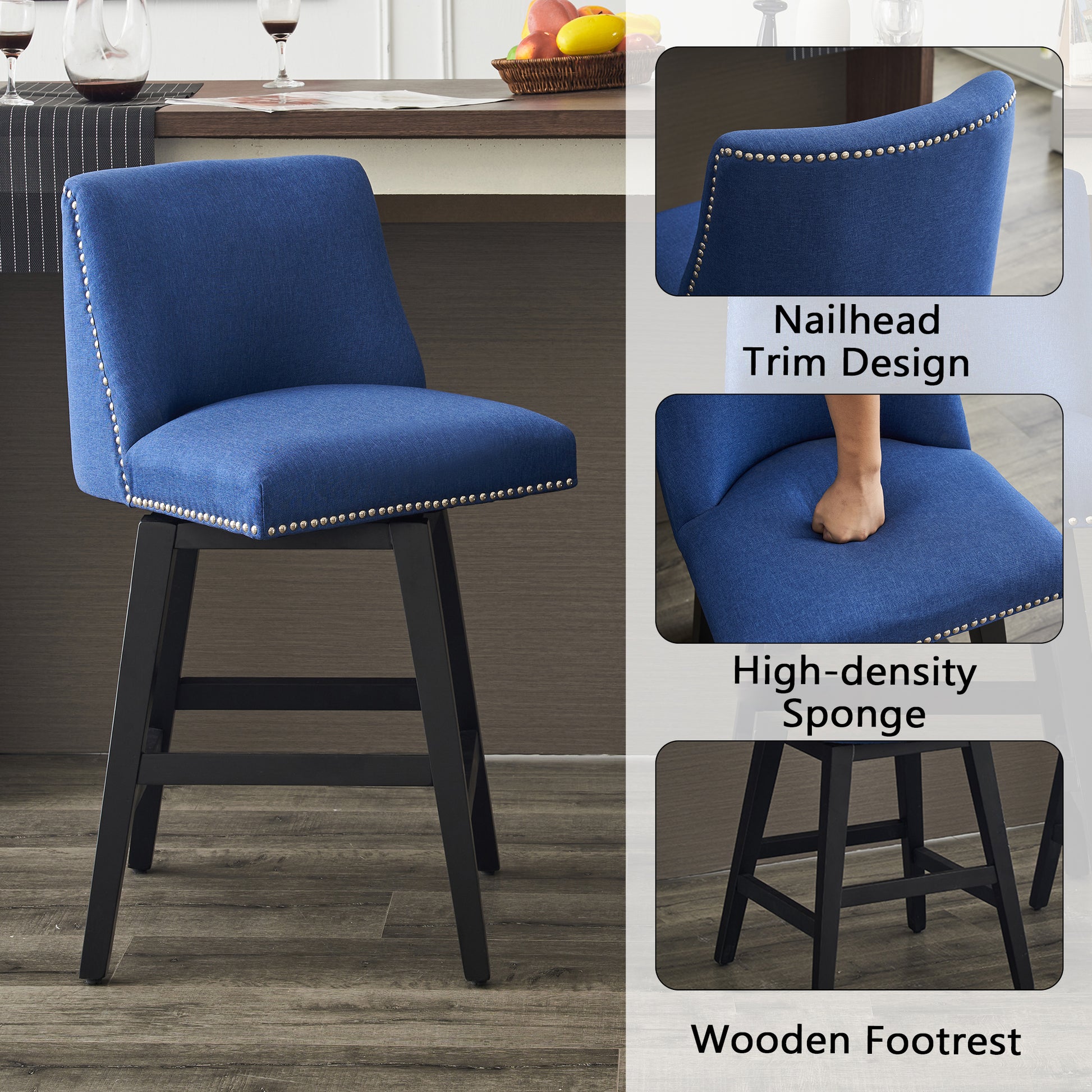 26" Upholstered Swivel Bar Stools Set Of 2, Modern Linen Fabric High Back Counter Stools With Nail Head Design And Wood Frame Rubberwood Dark Blue Brown Dining Room Sponge American Traditional Bar Stools Rubberwood Upholstered Fabric