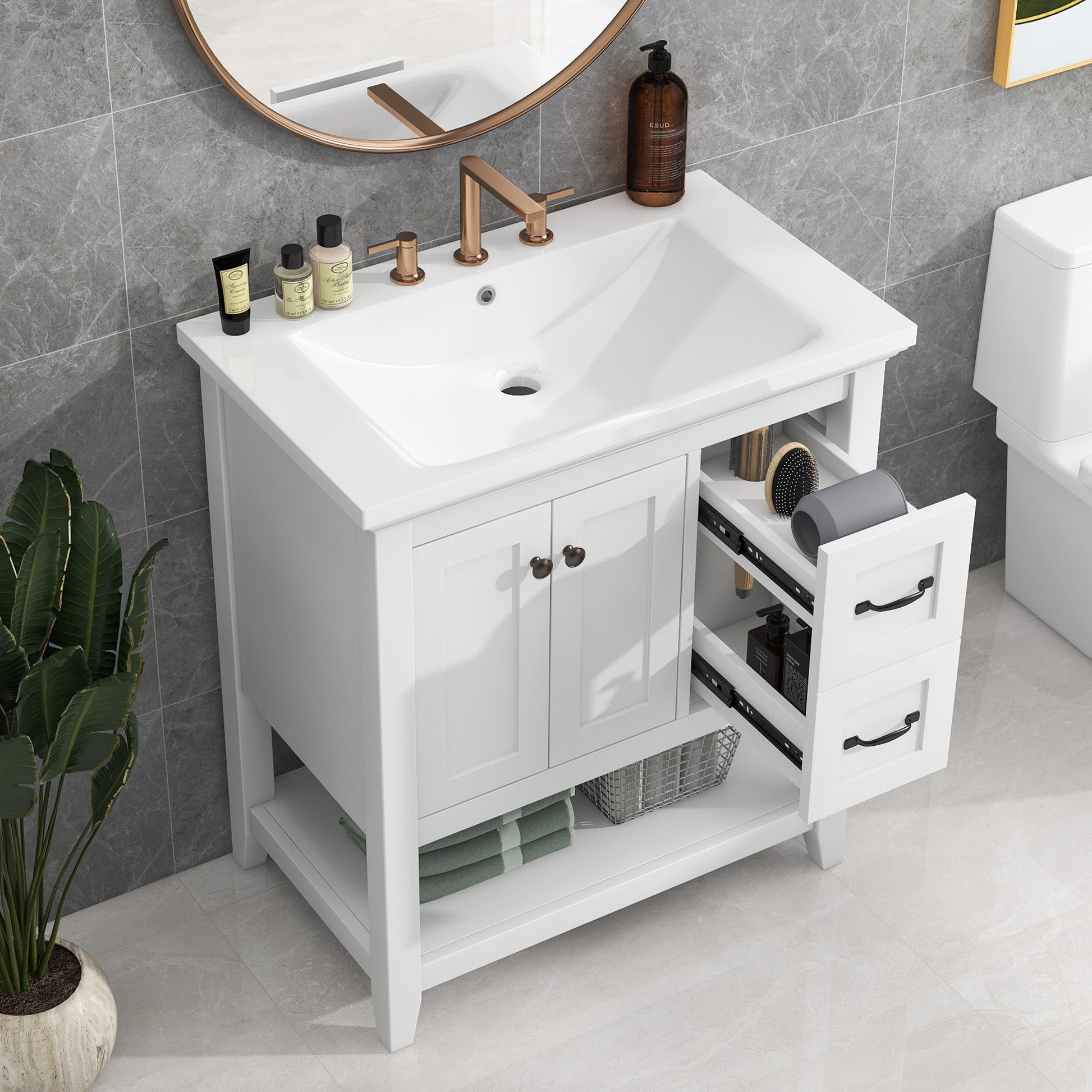 30" Bathroom Vanity With Ceramic Sink Top, Vanity Cabinet With Multi Functional Drawer, Solid Wood Legs, White White Solid Wood Mdf