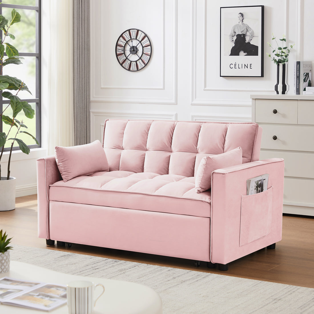 Modern Velvet Loveseat Futon Sofa Couch W Pullout Bed,Small Beautiful Seat Lounge Sofa W Reclining Backrest,Toss Pillows, Pockets,Furniture For Living Room,3 In 1 Convertible Sleeper Sofa Bed, Pink Pink Light Brown Velvet Wood Primary Living Space Medium