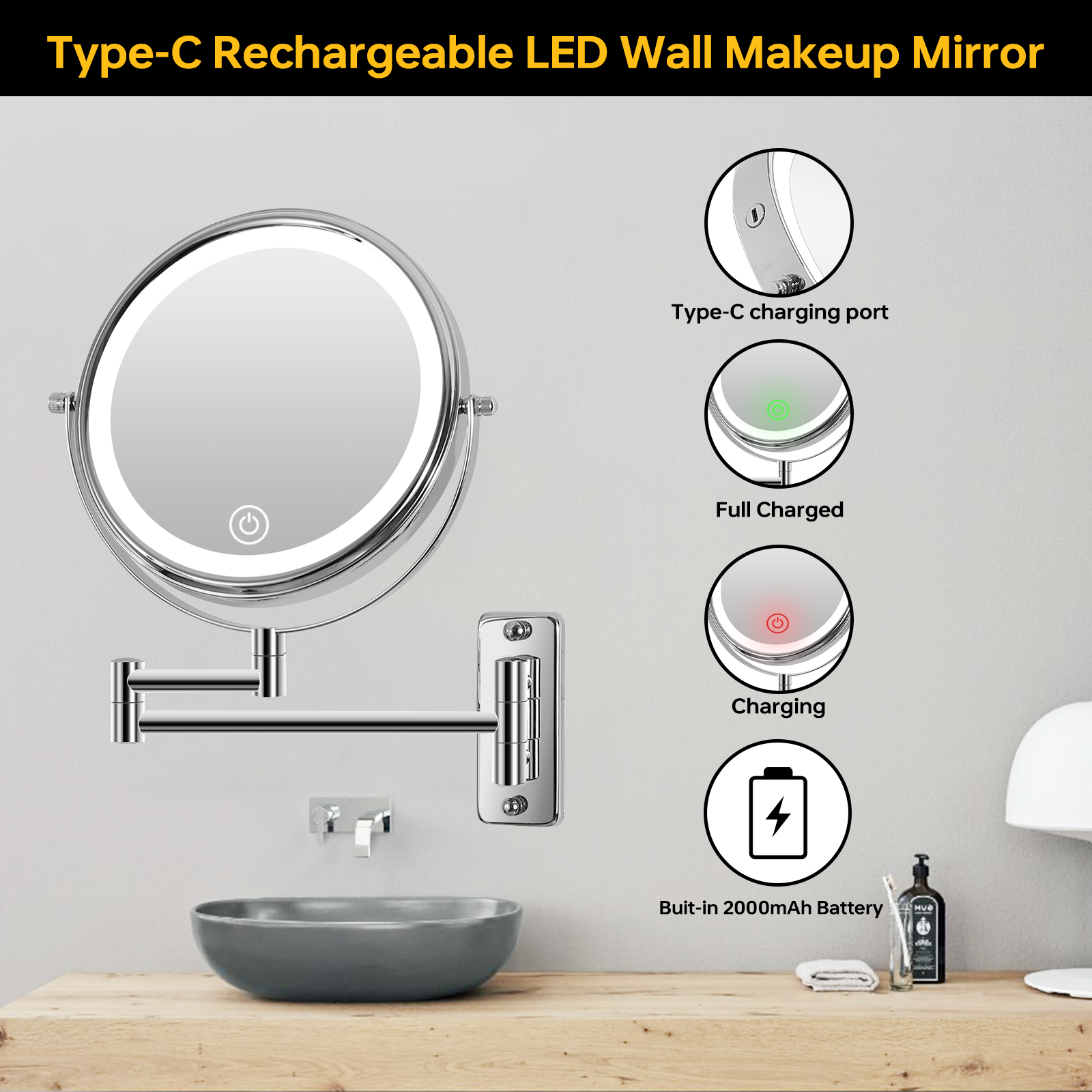 8 Inch Wall Mounted Makeup Mirror, Double Sided 1x 10x chrome-metal