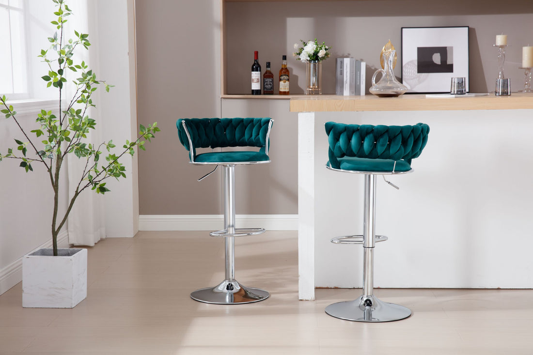 Set Of 2 Bar Stools,With Chrome Footrest And Base Swivel Height Adjustable Mechanical Lifting Velvet Bar Stool Green Black Foam Fabric