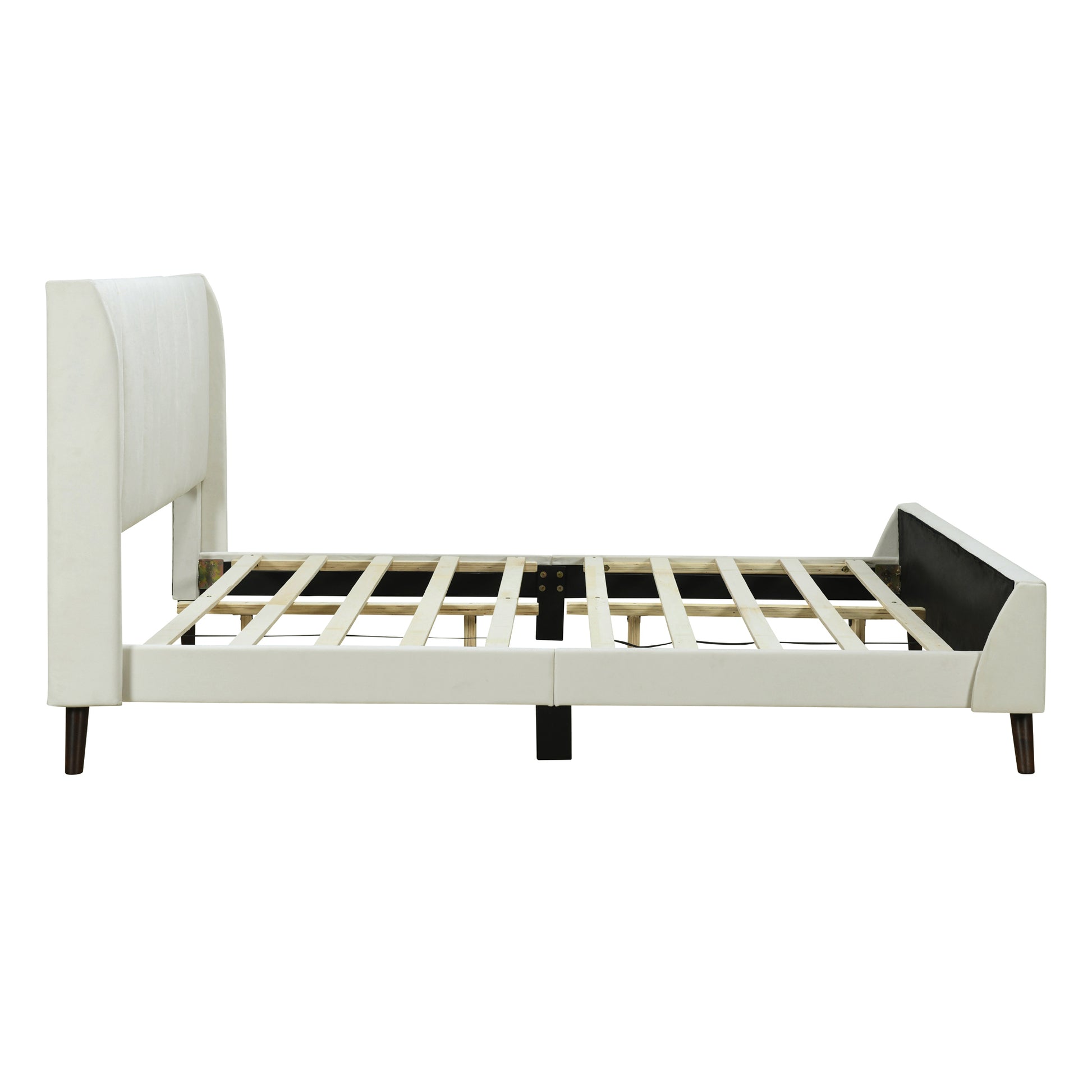 Queen Size Upholstered Platform Bed, Velvet, Beige Beige Upholstered