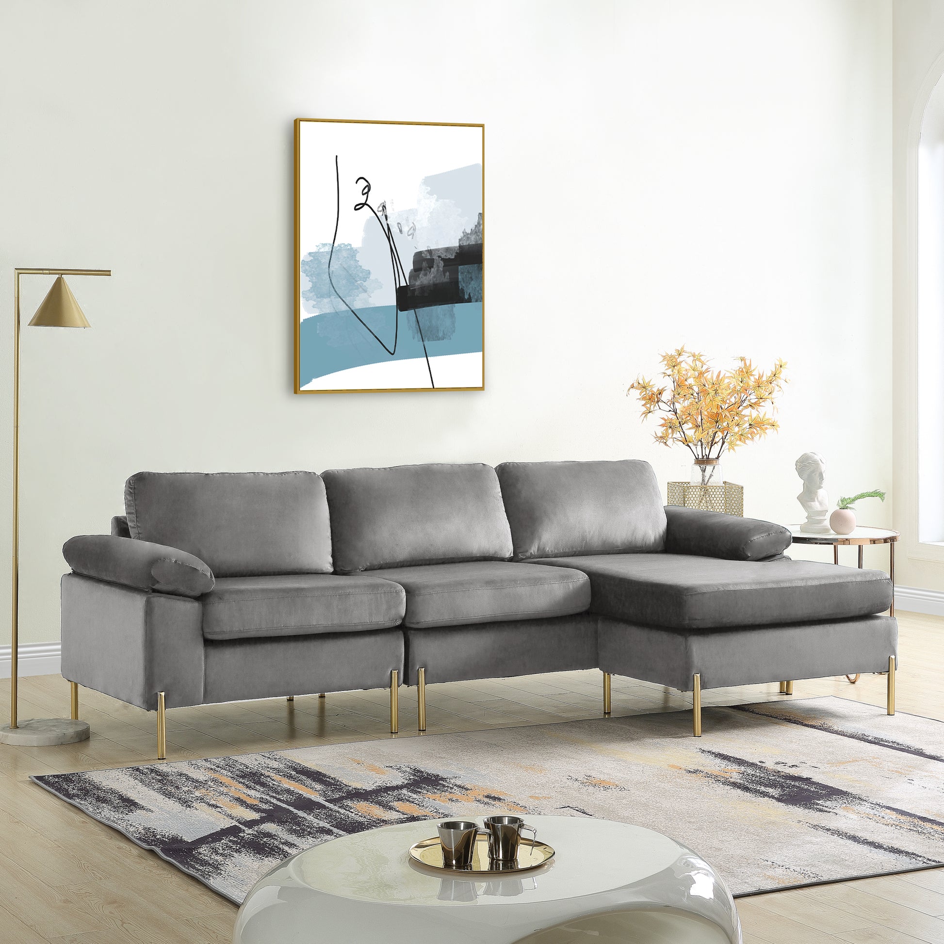Shannon Velvet Sectional Sofa With Chaise Gray Foam Velvet